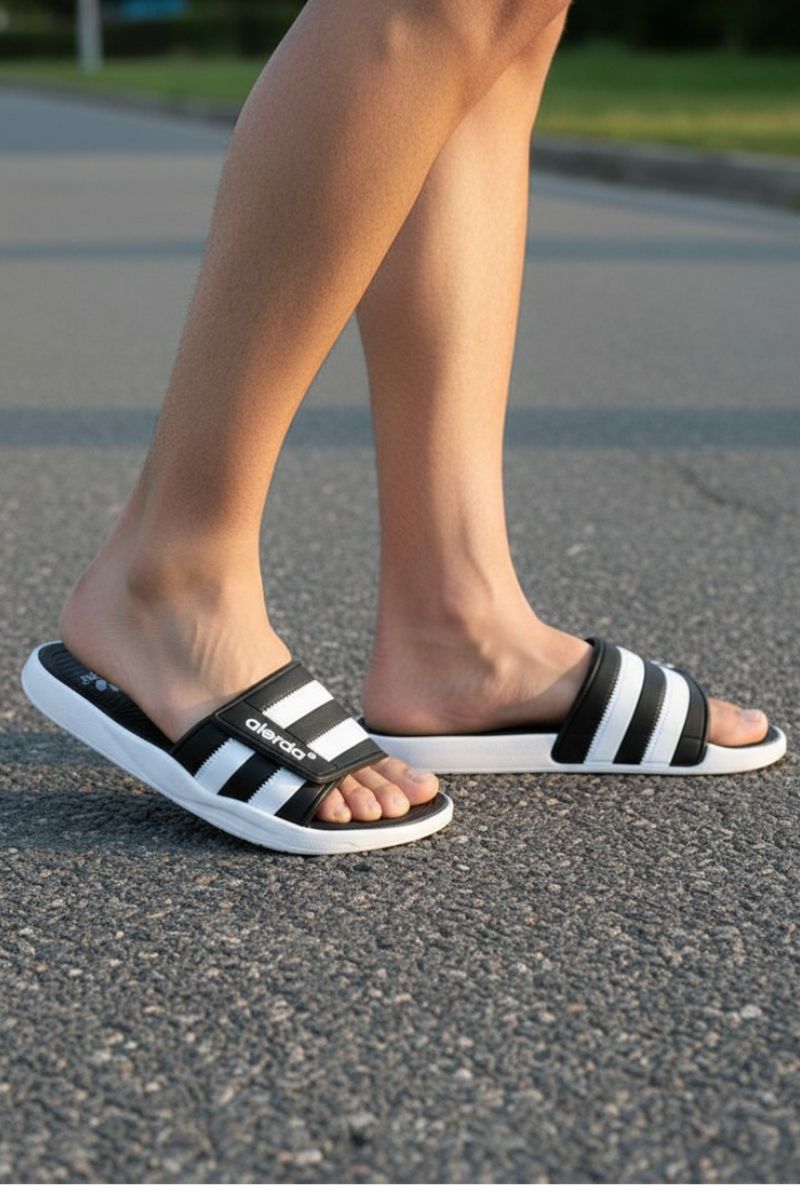 Papuci Bărbați, model Dorin, Confortabili cu Arici – Talpă Moale din Spumă EVA, Material Textil Flexibil, Casual Sport pentru Exterior și Utilizare Zilnică, Aierda, Alb-negru