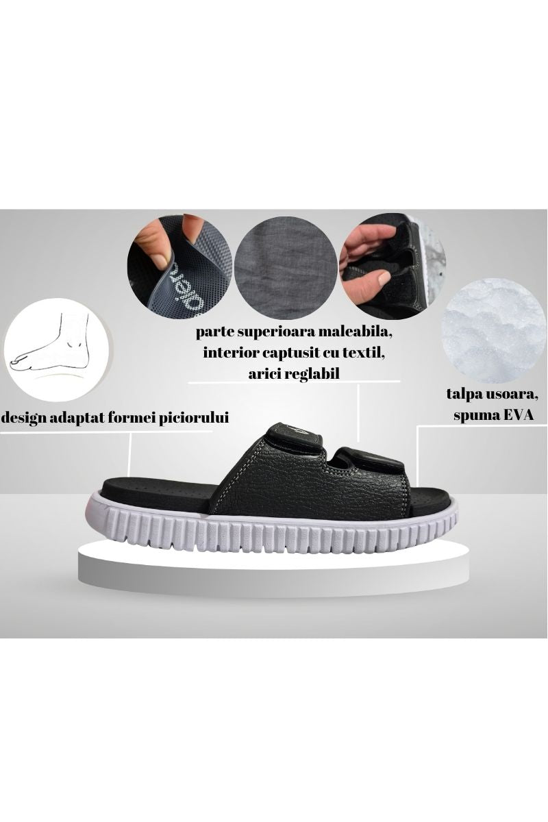 Papuci pentru Barbati, Model Zian, Arici reglabil, Talpa Usoara de Spuma, Confortabli, Negru-alb