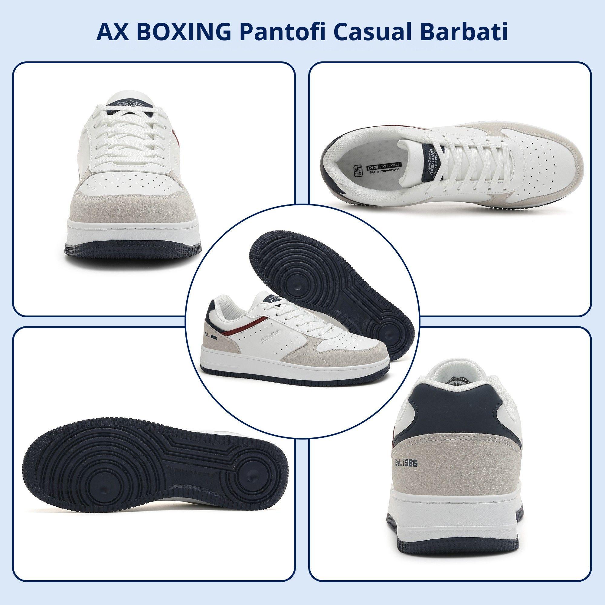 Adidasi Casual pentru Bărbați, Model Gavin, Piele Ecologică Premium, Talpă Groasă Cusută, AX Boxing,Alb-gri