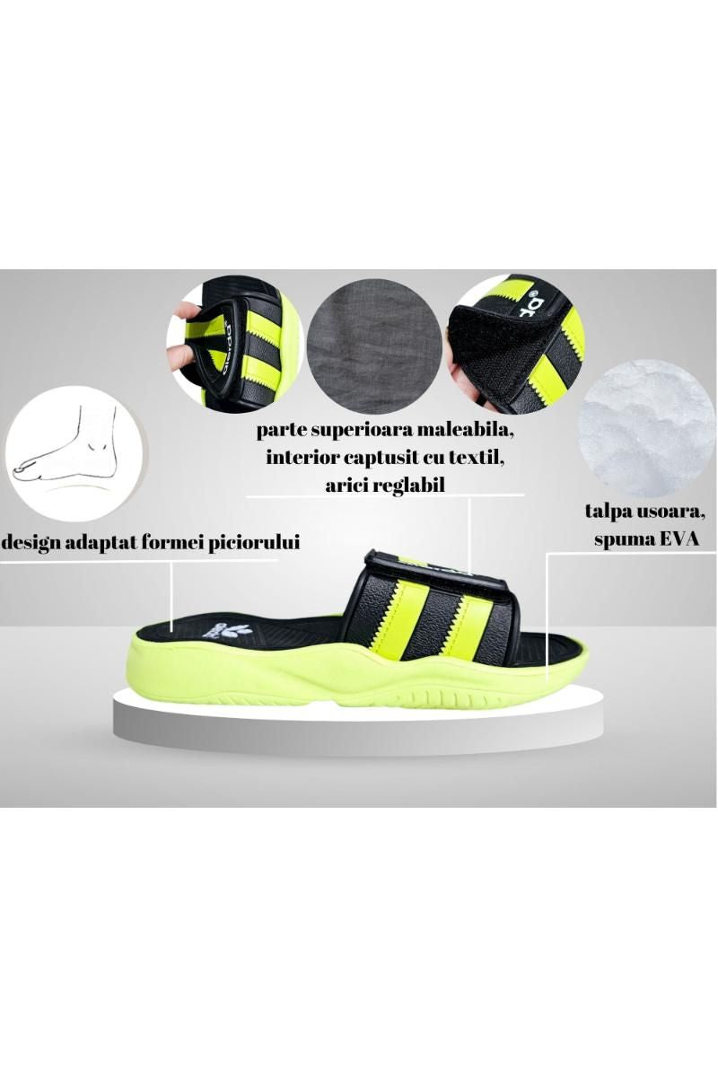 Papuci Bărbați, model Dorin, Confortabili cu Arici – Talpă Moale din Spumă EVA, Material Textil Flexibil, Casual Sport pentru Exterior și Utilizare Zilnică, Aierda, Negru-verde