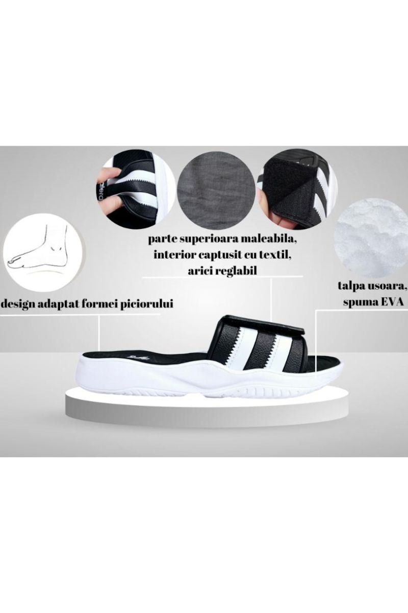 Papuci Bărbați, model Dorin, Confortabili cu Arici – Talpă Moale din Spumă EVA, Material Textil Flexibil, Casual Sport pentru Exterior și Utilizare Zilnică, Aierda, Alb-negru