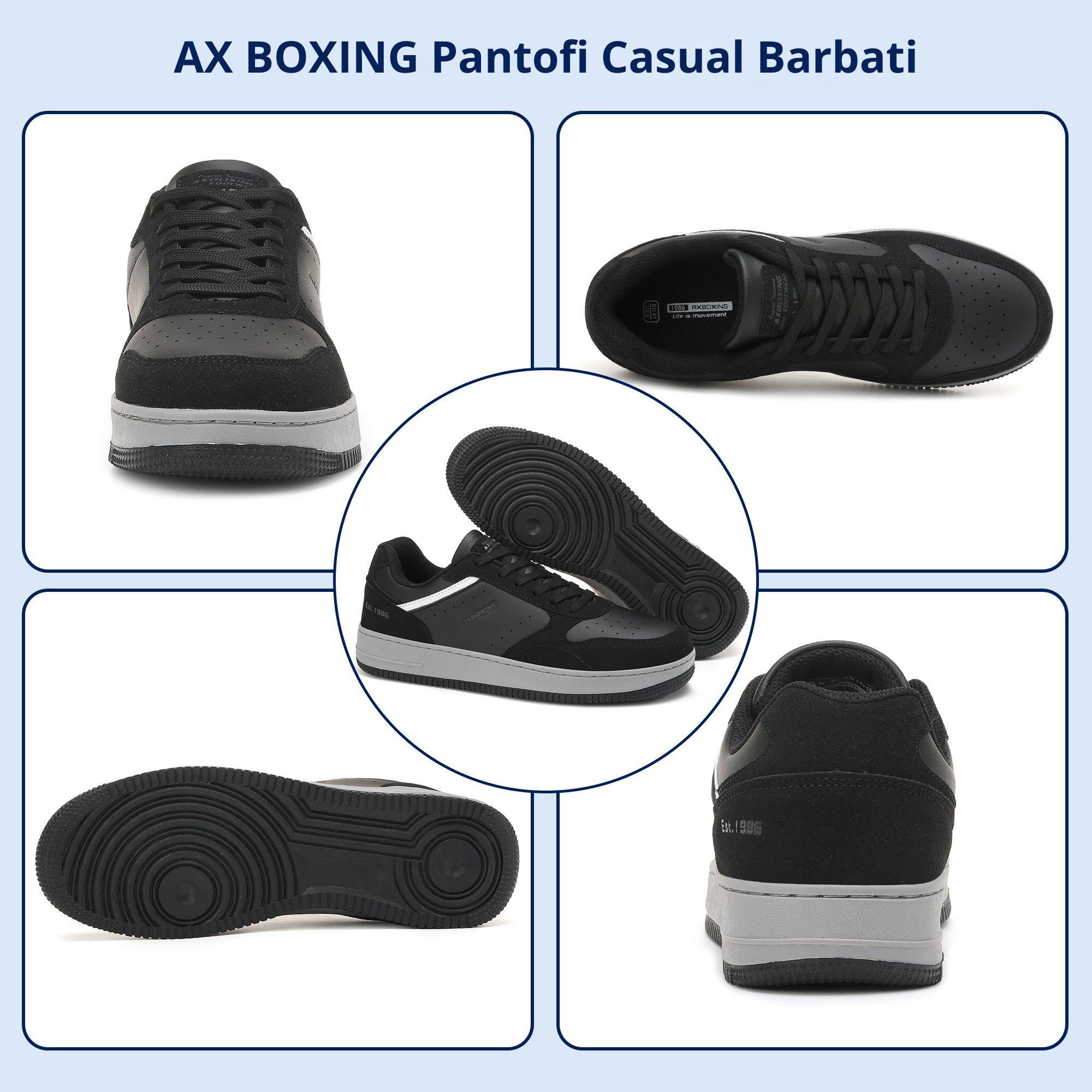 Adidasi Casual pentru Bărbați, Model Gavin, Piele Ecologică Premium, Talpă Groasă Cusută, AX Boxing, Negru