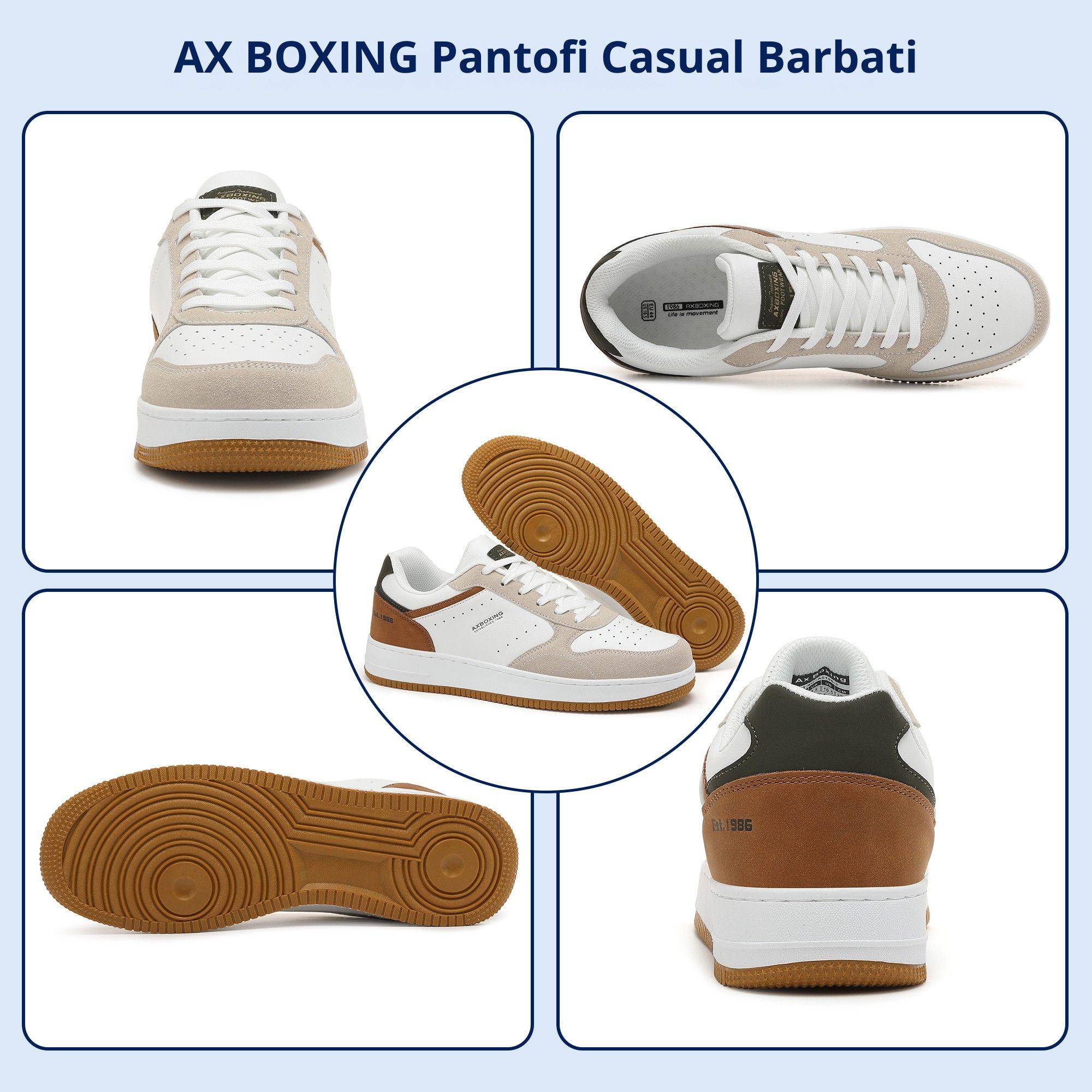 Adidasi Casual pentru Bărbați, Model Gavin, Piele Ecologică Premium, Talpă Groasă Cusută, AX Boxing, Alb-bej