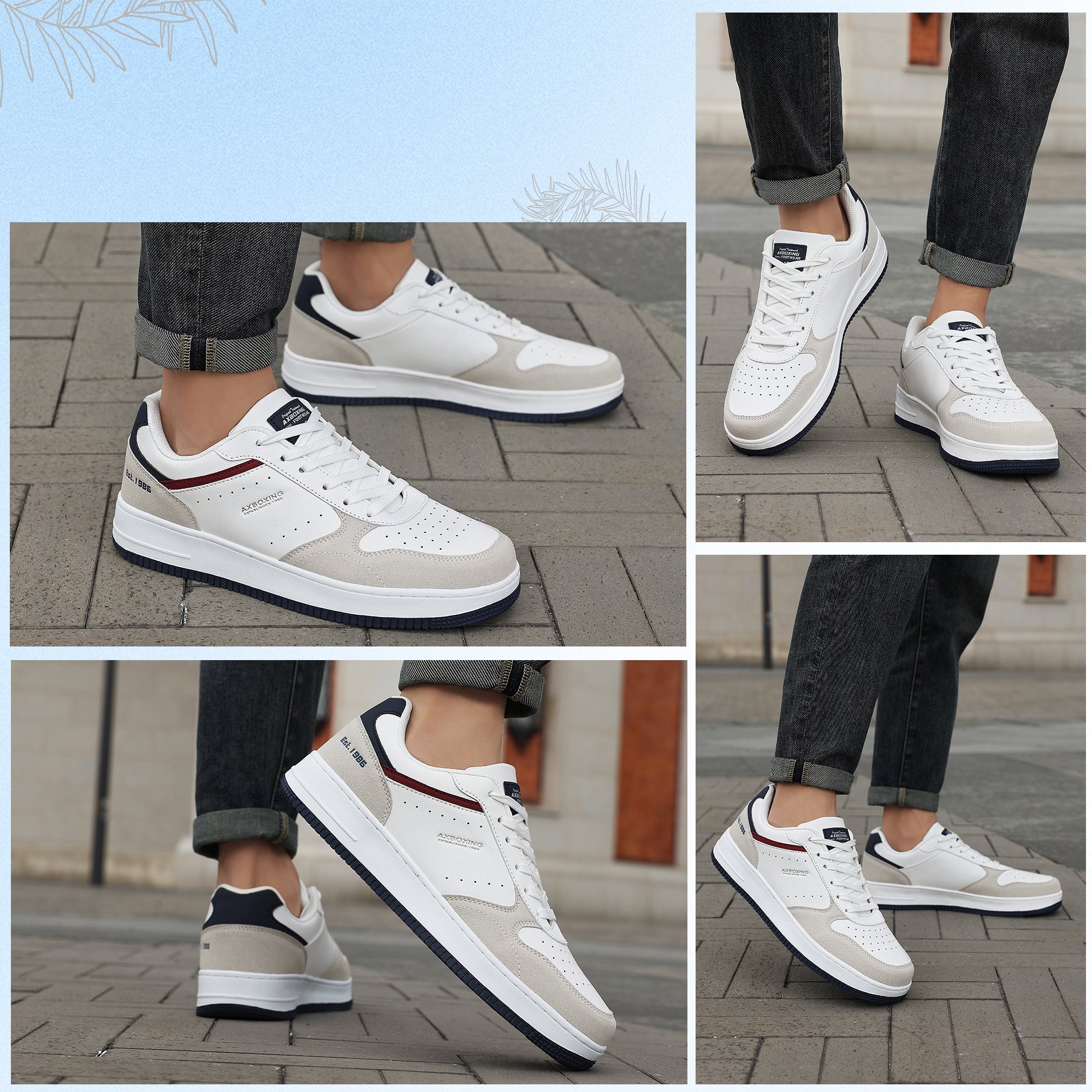 Adidasi Casual pentru Bărbați, Model Gavin, Piele Ecologică Premium, Talpă Groasă Cusută, AX Boxing,Alb-gri