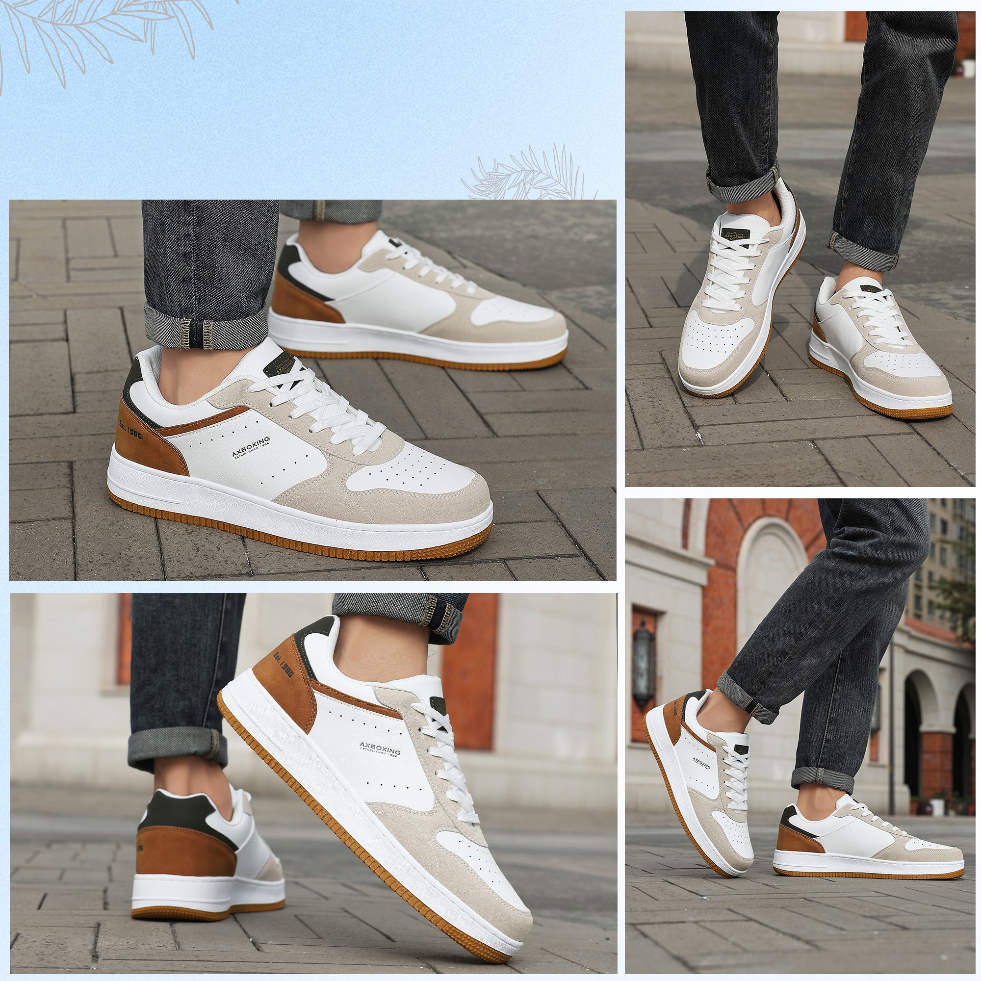 Adidasi Casual pentru Bărbați, Model Gavin, Piele Ecologică Premium, Talpă Groasă Cusută, AX Boxing, Alb-bej