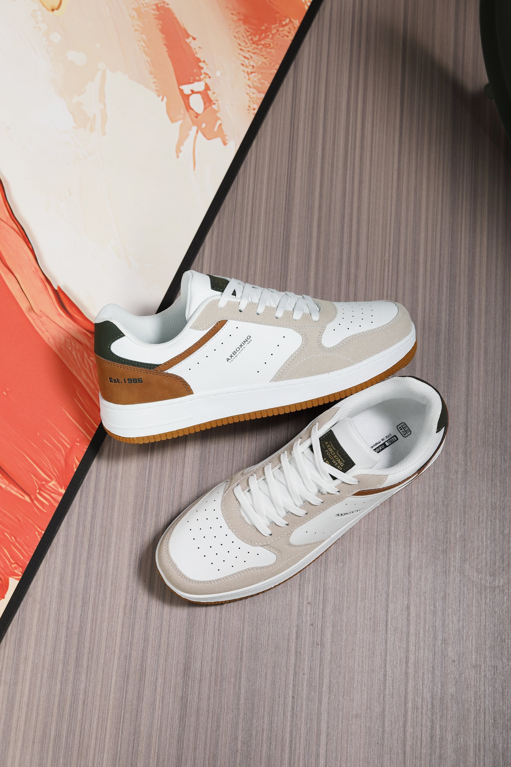Adidasi Casual pentru Bărbați, Model Gavin, Piele Ecologică Premium, Talpă Groasă Cusută, AX Boxing, Alb-bej