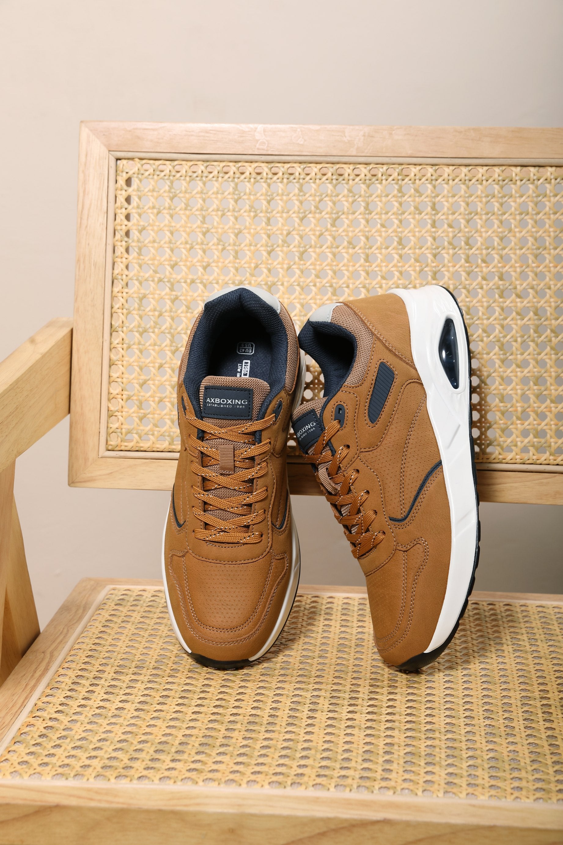 Adidasi sport-casual pentru Barbati, Model Marcus,Piele ecologica Premium, Talpa inalta, Confortabili, Ax Boxing,Maro