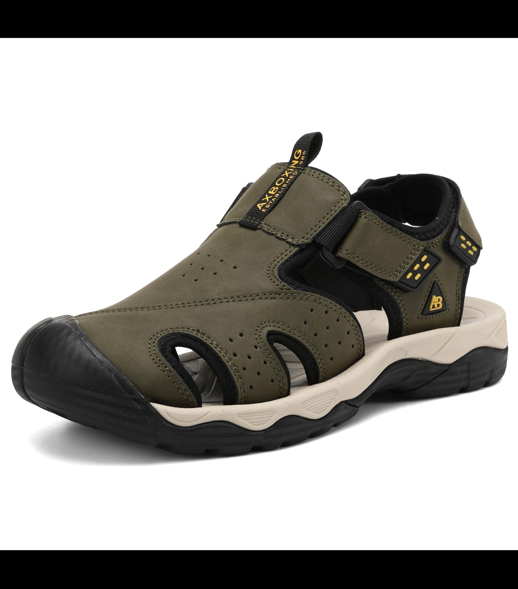 Sandale pentru Barbati,Model Oscar, Sport Casual, Piele ecologica Premium, Inchidere arici, Usoare, Confortabile, Ax Boxing,Khaki