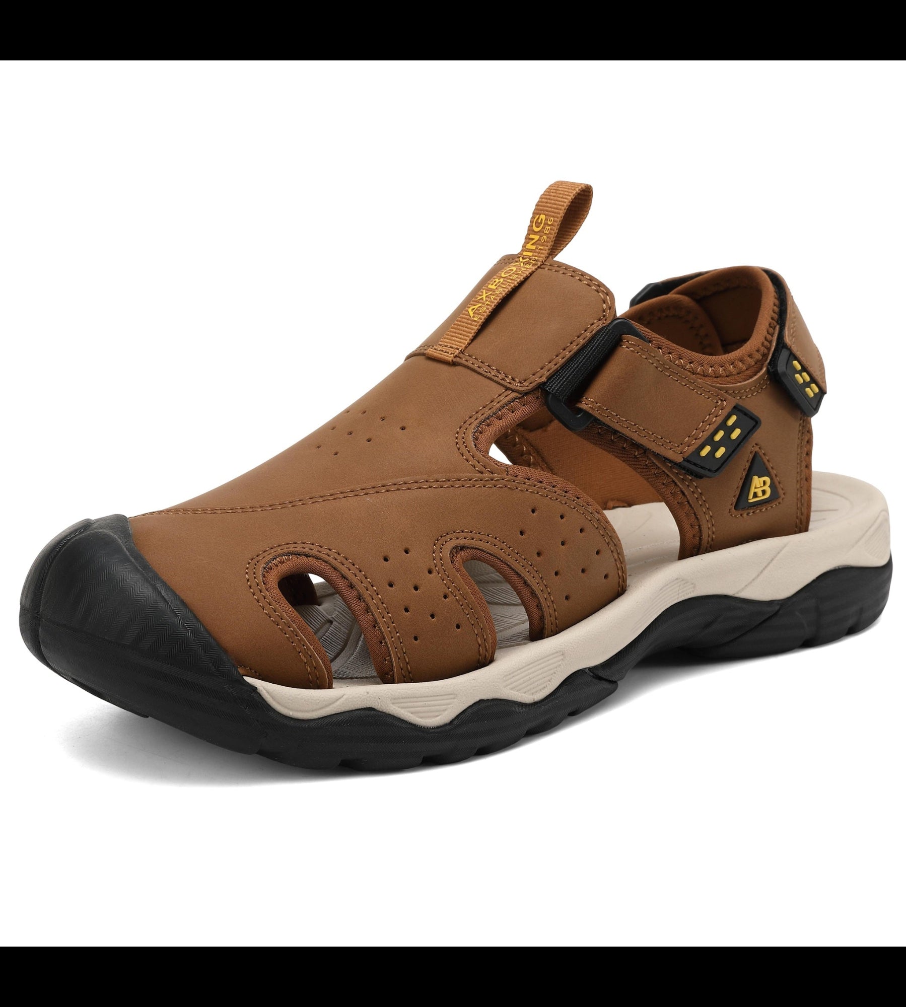 Sandale pentru Barbati,Model Oscar, Sport Casual, Piele ecologica Premium, Inchidere arici, Usoare, Confortabile, Ax Boxing, Maro