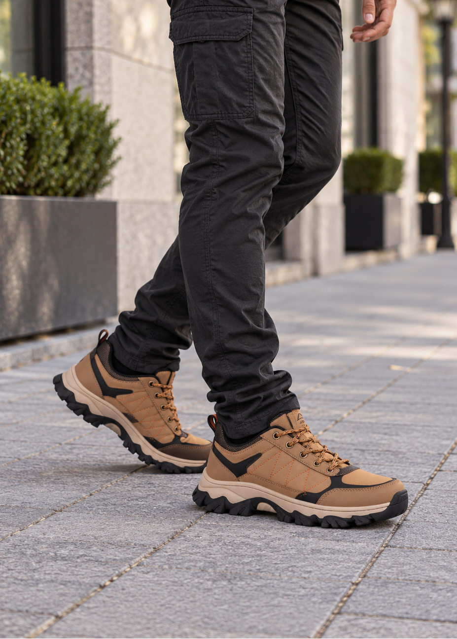 Adidasi Trekking pentru Barbati, Model Noris,Piele ecologica,  Talpa Cusuta Antiderapanta – Confortabili si Rezistenti, Ax Boxing, Camel