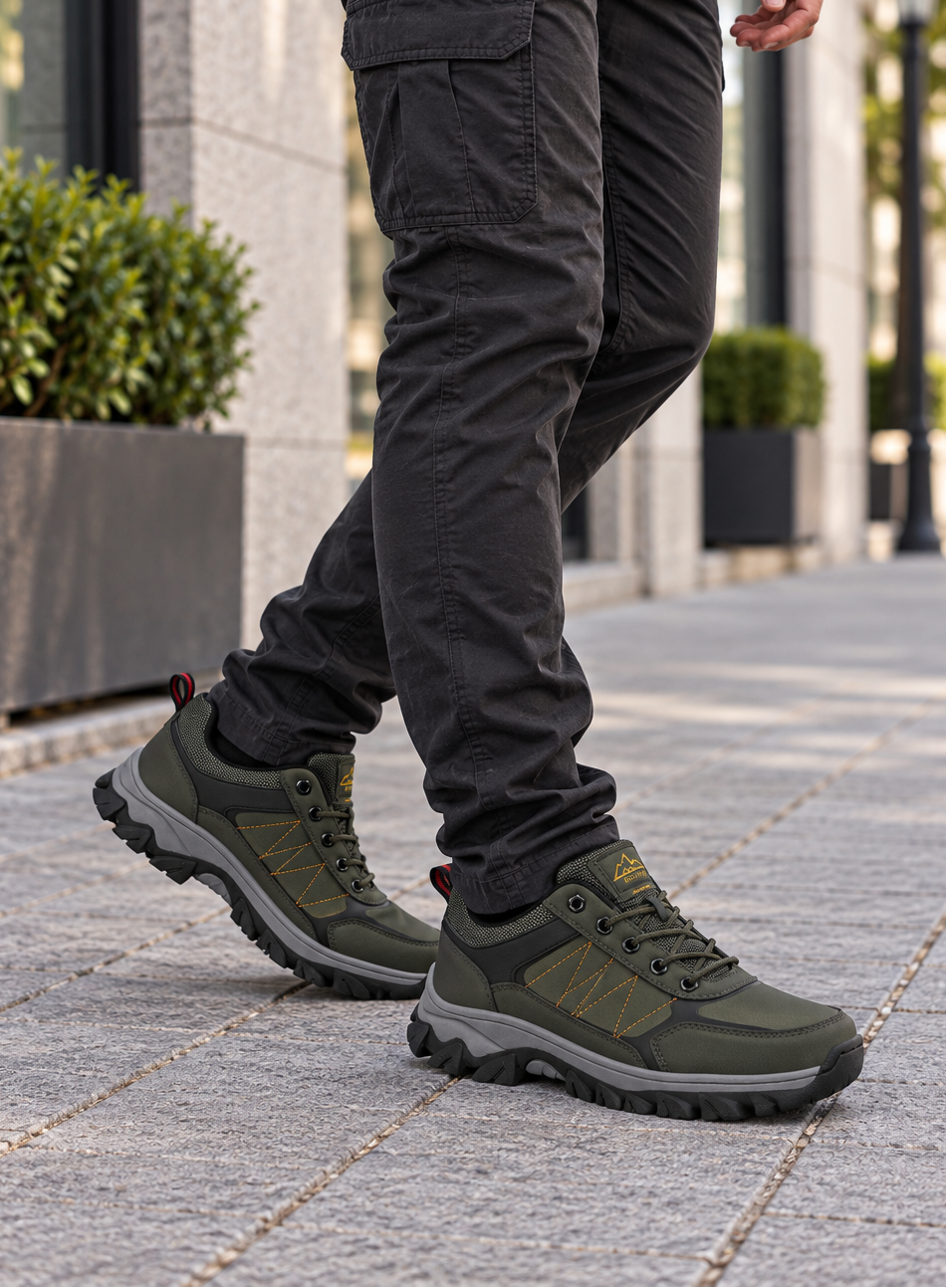 Adidasi Trekking pentru  Barbati, Model Noris, Piele ecologica,  Talpa Cusuta Antiderapanta – Confortabili si Rezistenti, Ax Boxing, Khaki