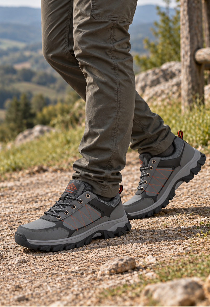 Adidasi Trekking pentru Barbati, Model Noris,Piele ecologica,  Talpa Cusuta Antiderapanta – Confortabili si Rezistenti, Ax Boxing, Gri