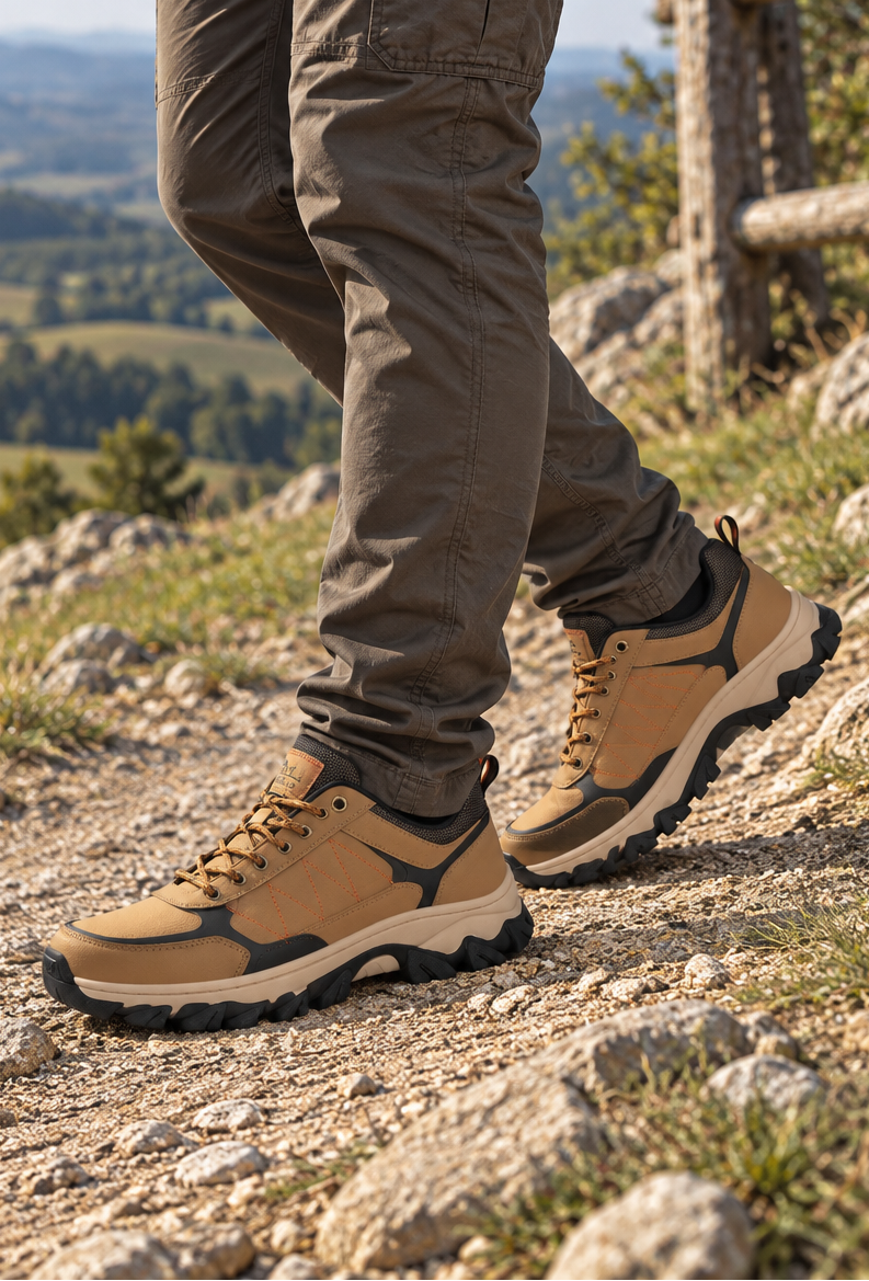 Adidasi Trekking pentru Barbati, Model Noris,Piele ecologica,  Talpa Cusuta Antiderapanta – Confortabili si Rezistenti, Ax Boxing, Camel