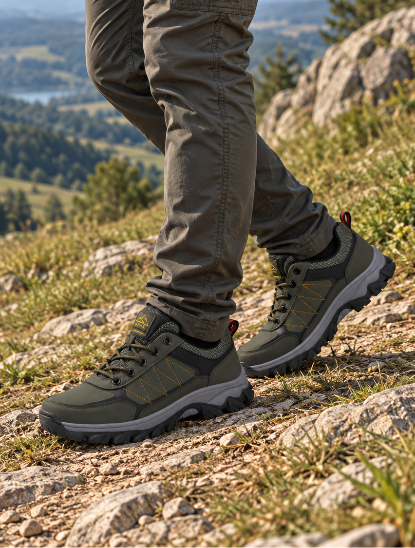 Adidasi Trekking pentru  Barbati, Model Noris, Piele ecologica,  Talpa Cusuta Antiderapanta – Confortabili si Rezistenti, Ax Boxing, Khaki