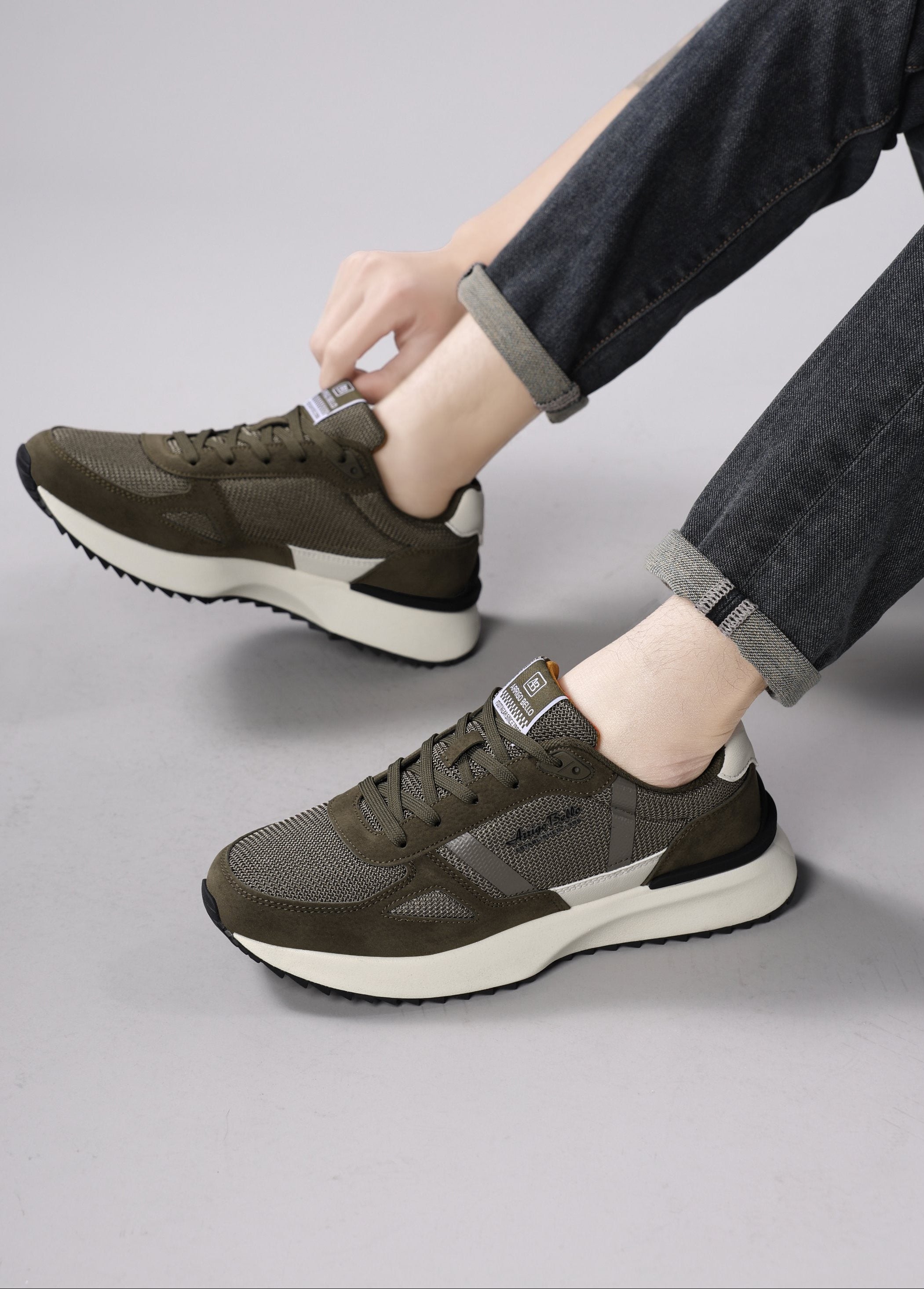 Adidasi casual pentru Barbati, Model Ziv, Realizati din Panza cu insertii piele ecologica, Talpa usoara, Arrigo Bello,Khaki