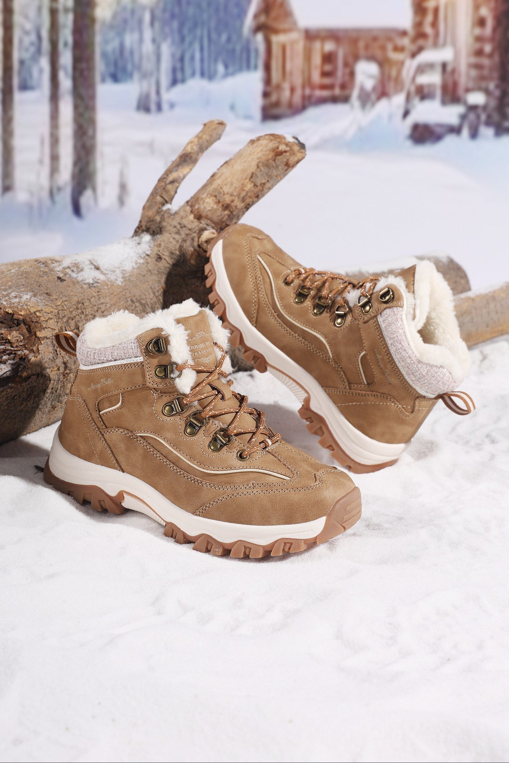 Ghete pentru Dama, Model Oni, Imblanite, Piele ecologica, Talpa Antiderapanta, Confortabile si calduroase,Ax Boxing,Camel