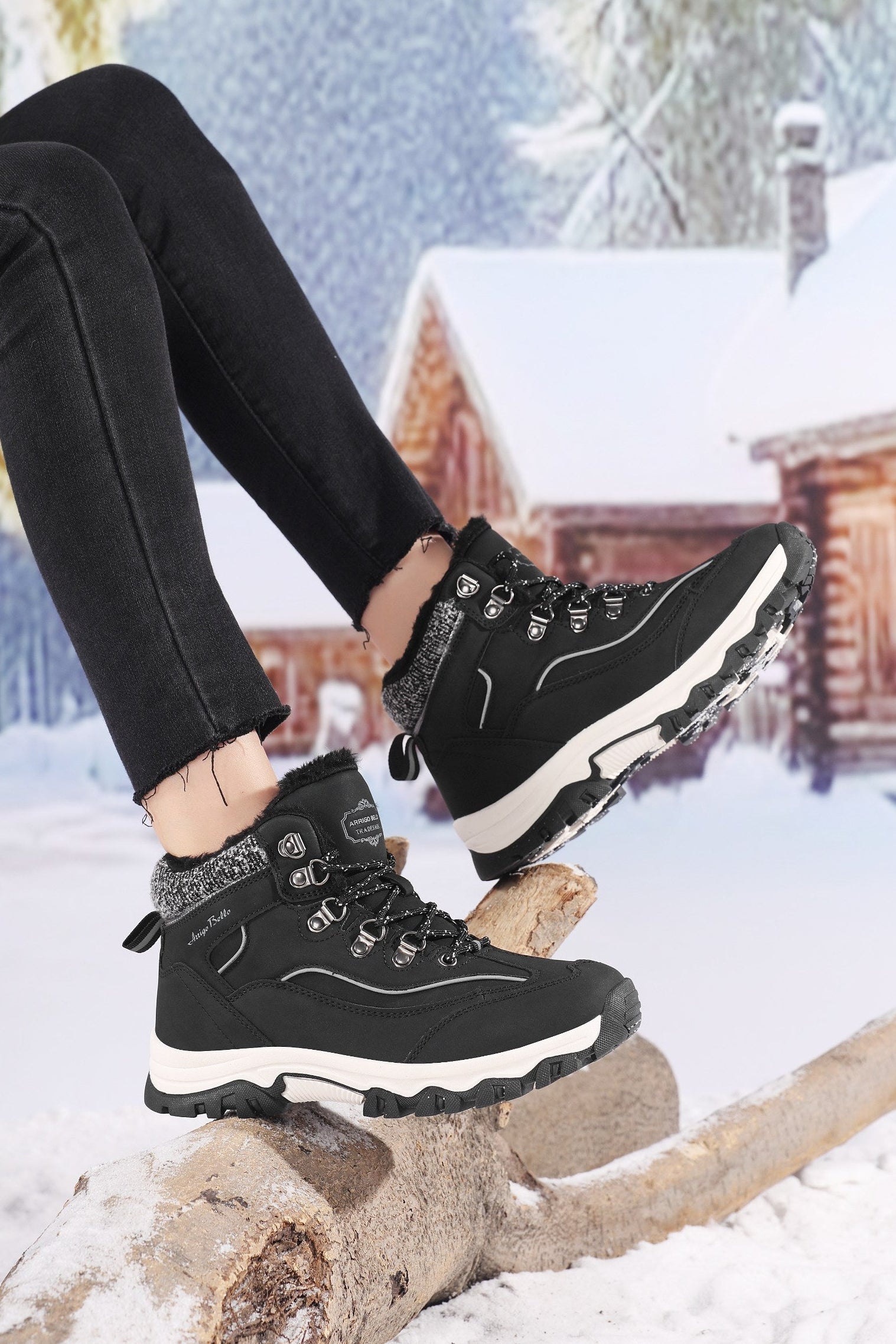 Ghete pentru Dama, Model Oni, Imblanite, Piele ecologica, Talpa Antiderapanta, Confortabile si calduroase,Ax Boxing, Negru