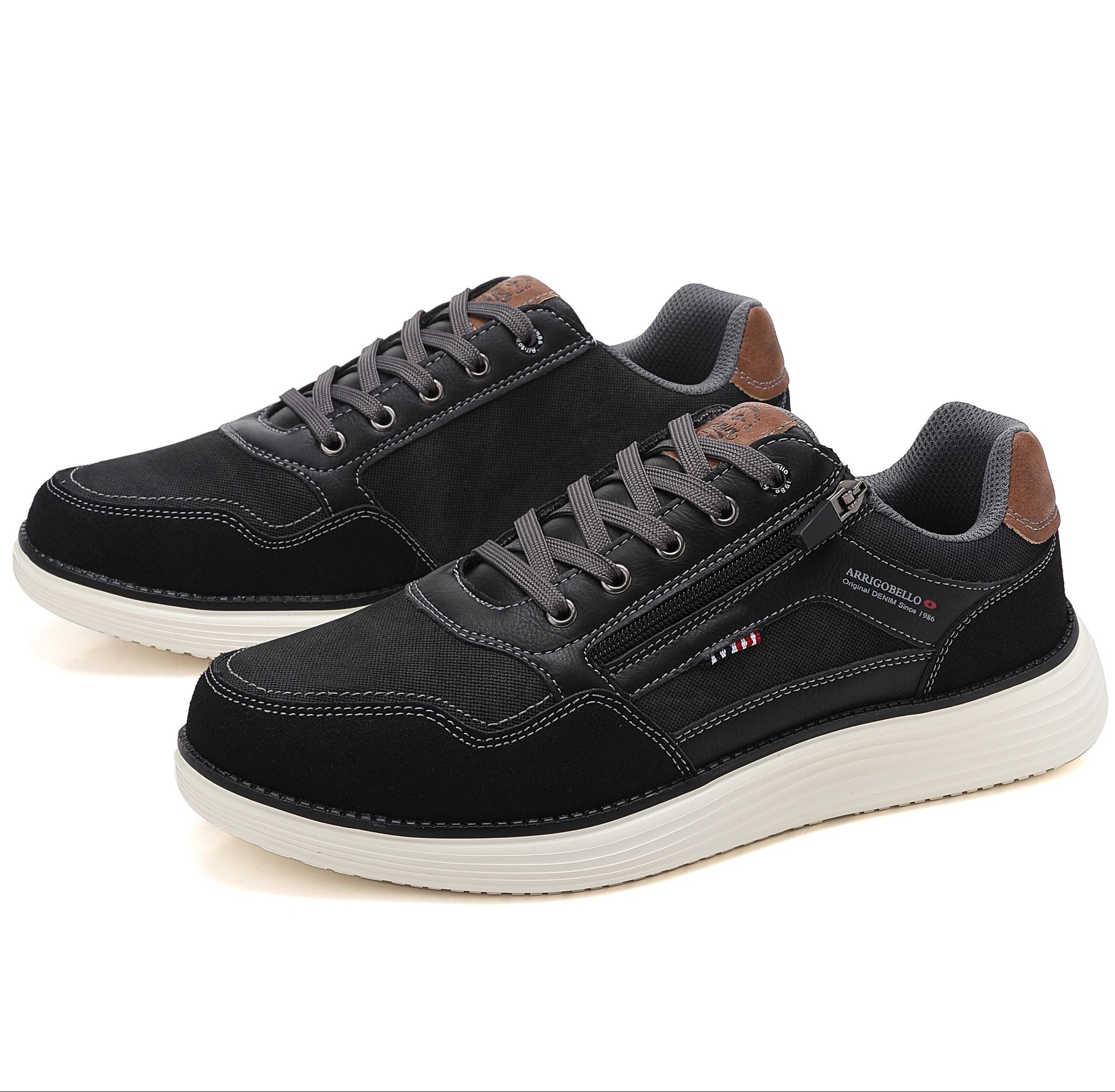 Adidasi casual Bărbați, Model Franco, Piele ecologică, inserții din Piele naturală, Talpă ușoară din Spumă și fermoar funcțional, Arrigo Bello,Negru