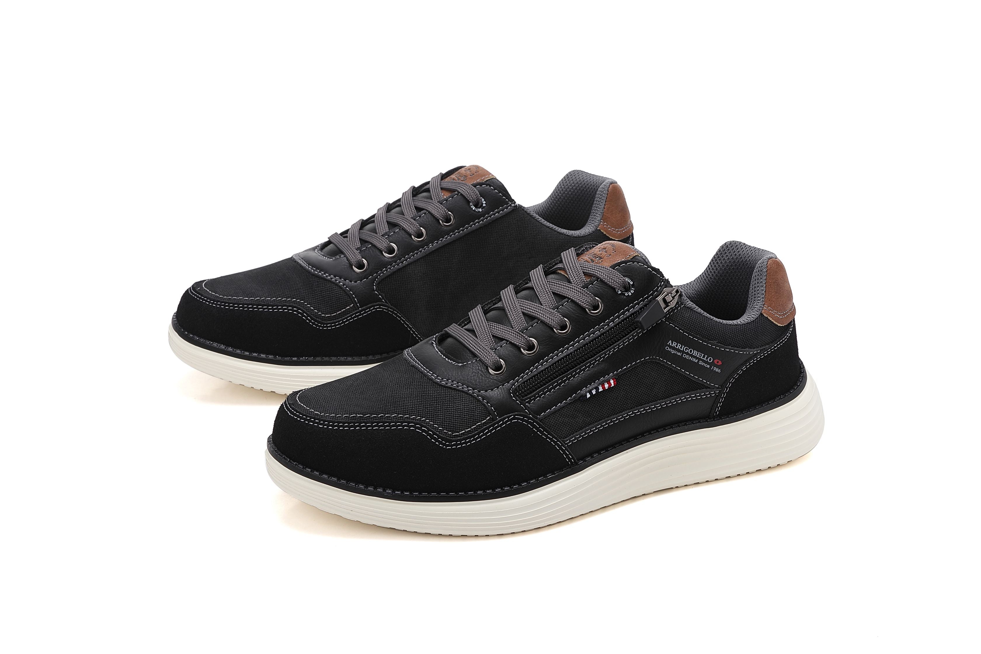 Adidasi casual Bărbați, Model Franco, Piele ecologică, inserții din Piele naturală, Talpă ușoară din Spumă și fermoar funcțional, Arrigo Bello,Negru
