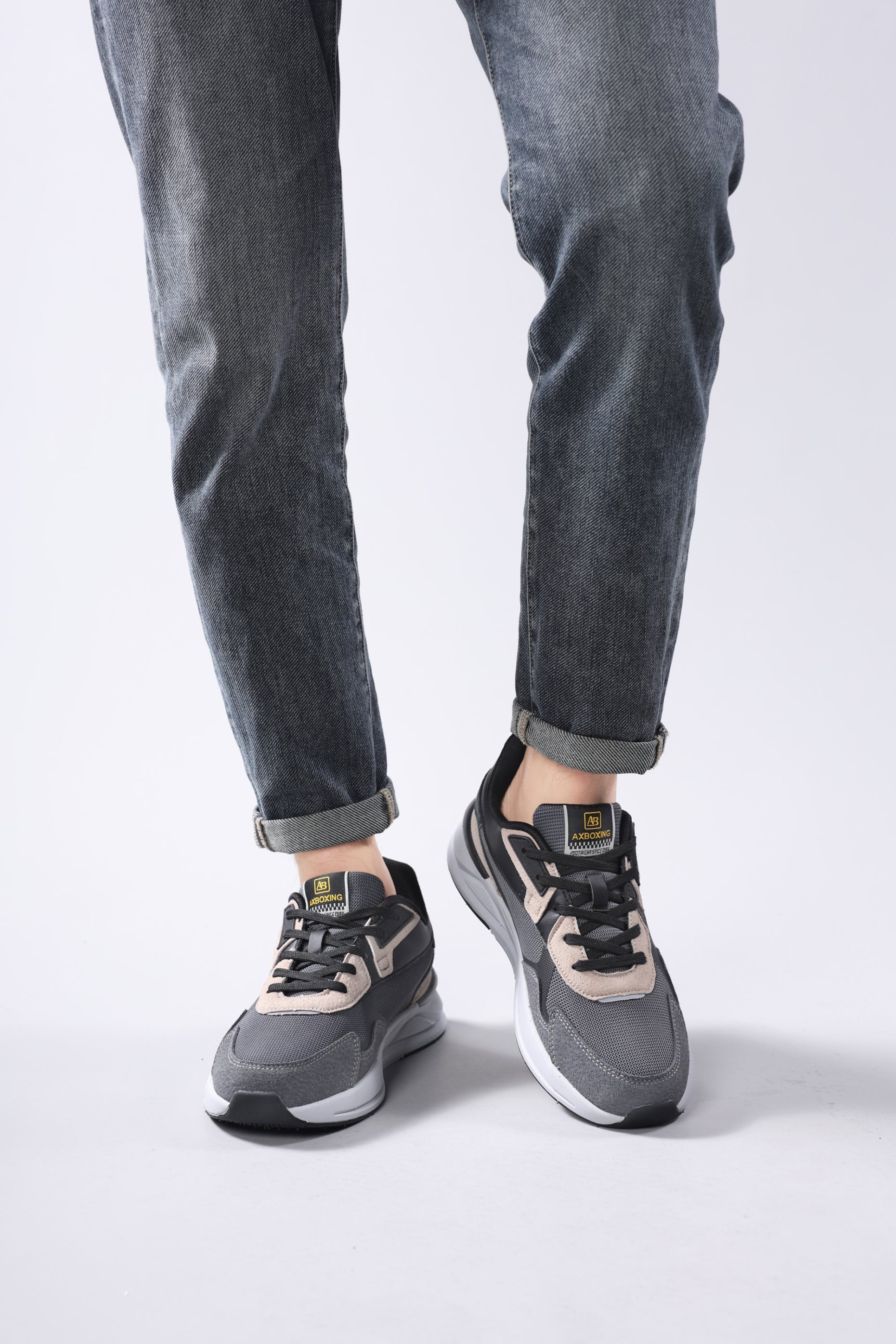 Pantofi sport pentru Barbati, Model Paxo, Realizati din Panza cu insertii piele ecologica, Talap usoara din Spuma, Ax Boxing, Gri
