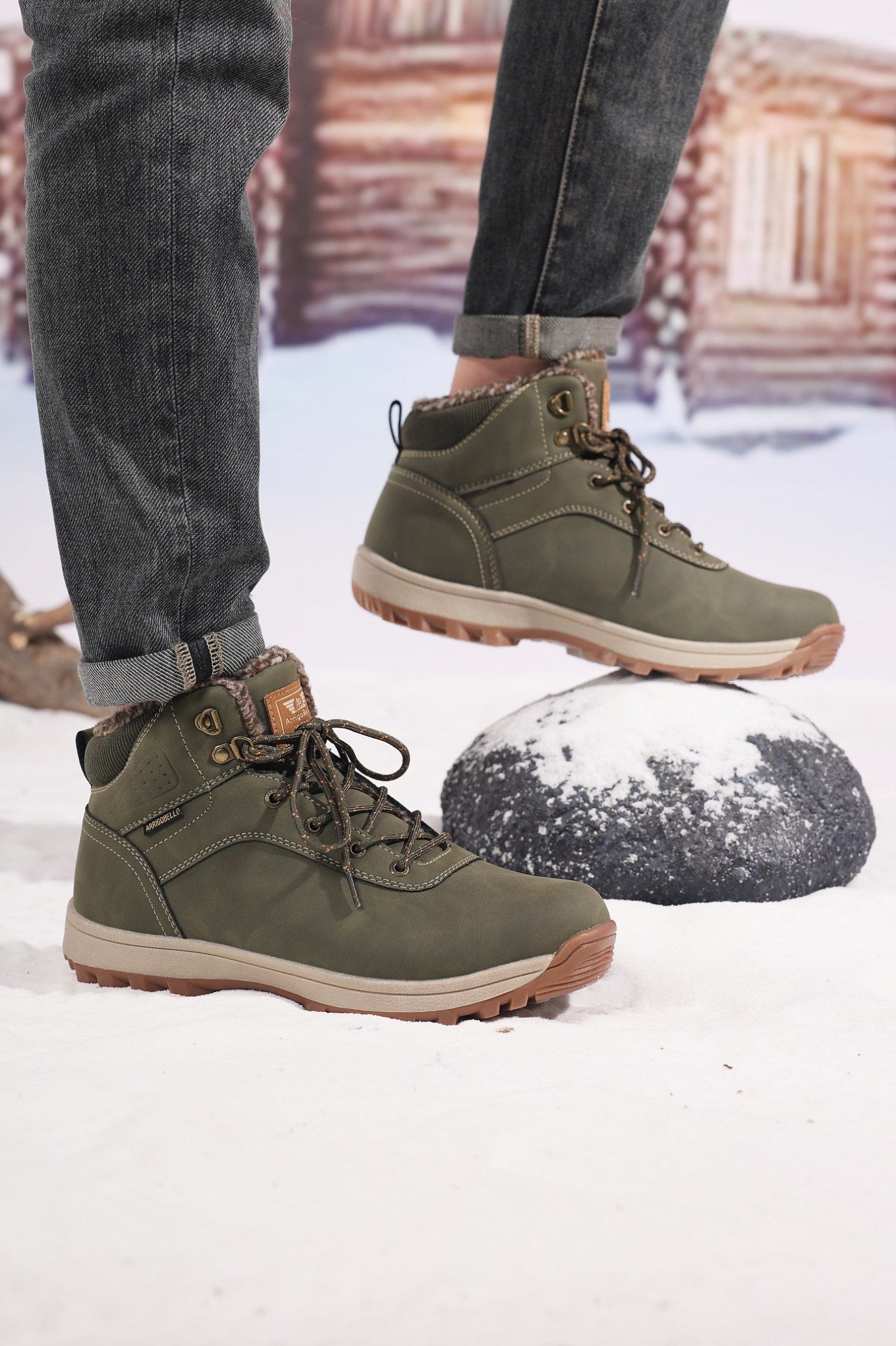 Ghete îmblănite pentru Bărbați, Model Max, Talpă cusută, Piele ecologică, Antiderapante, Arrigo Bello, Khaki
