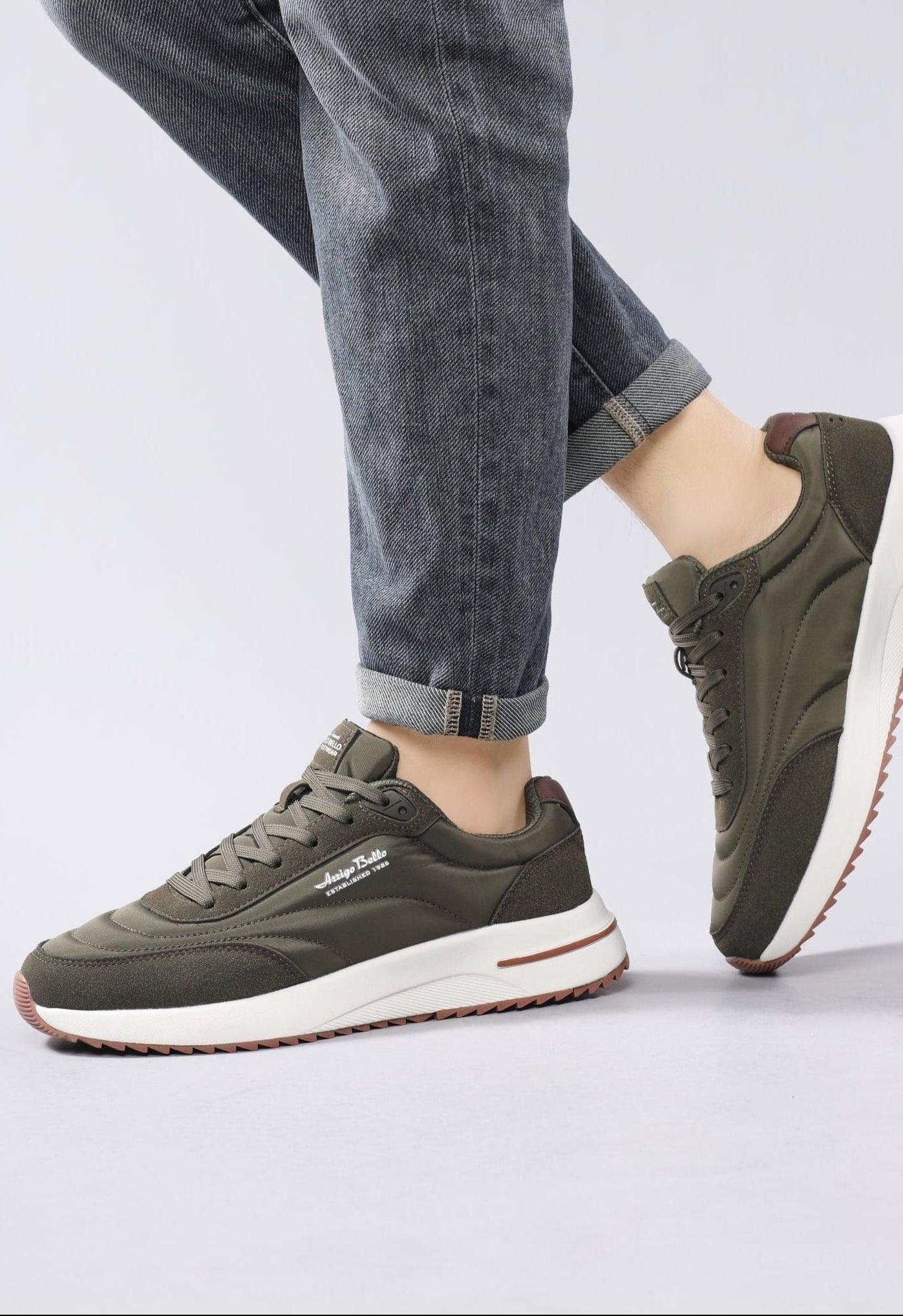 Adidasi casual-sport pentru Barbati, Model Torin, Realizati din textil-fâș si piele ecologica, Talpa usoara, Arrigo Bello, Khaki