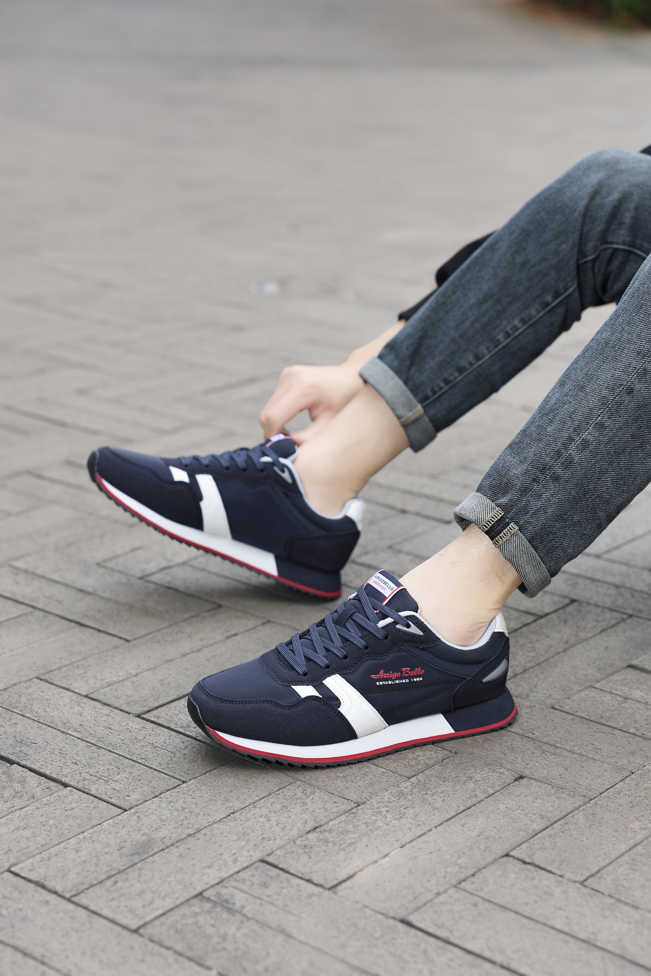 Adidasi casual pentru Barbati, Model Yvar, Realizati din textil- fâș, Insertii piele ecologica, Talpa usoara, Arrigo Bello,Bleumarin
