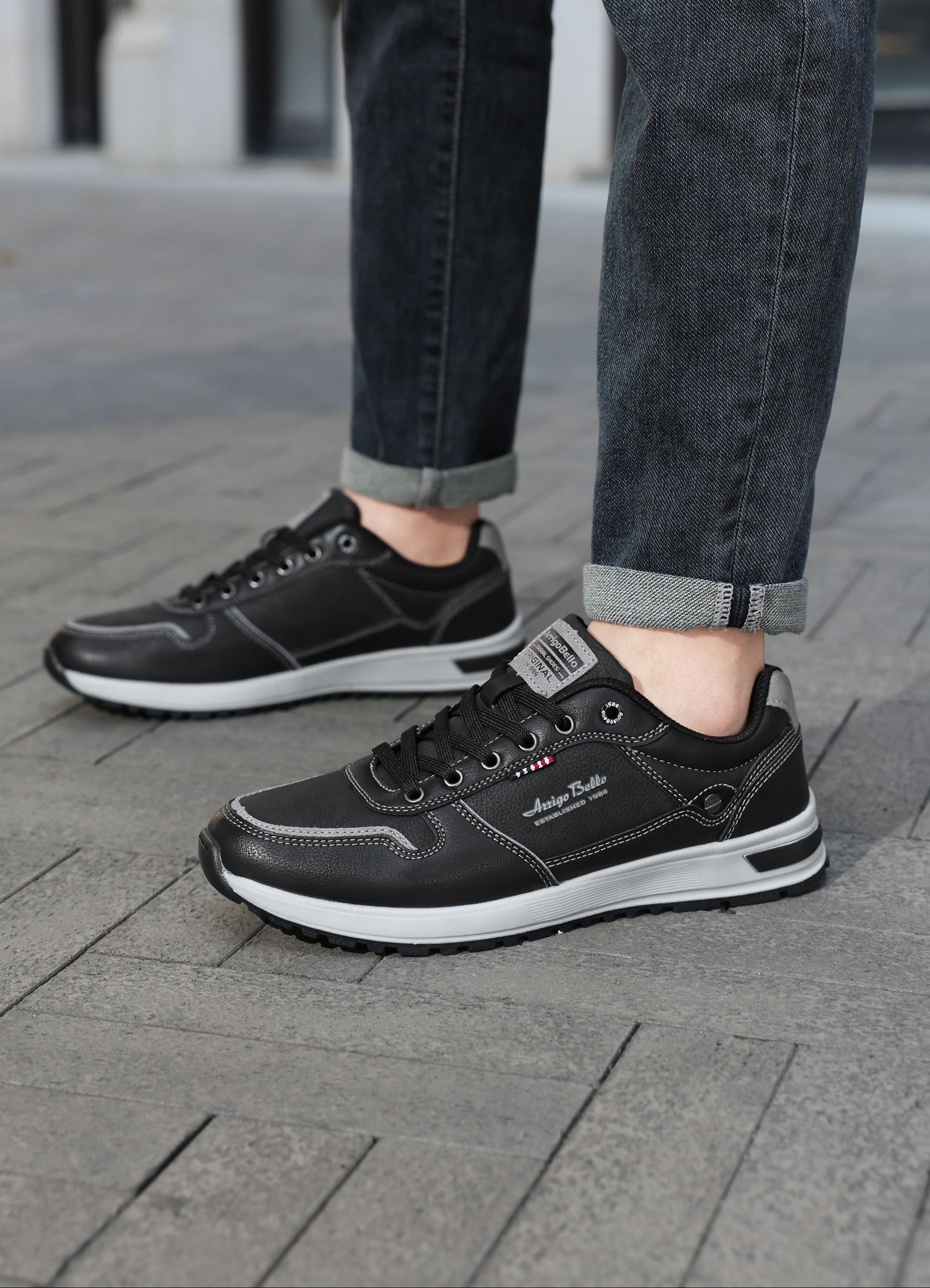 Adidasi casual pentru Barbati, Model Bastian, Piele ecologica, Inchidere sireturi, Arrigo Bello,Negru