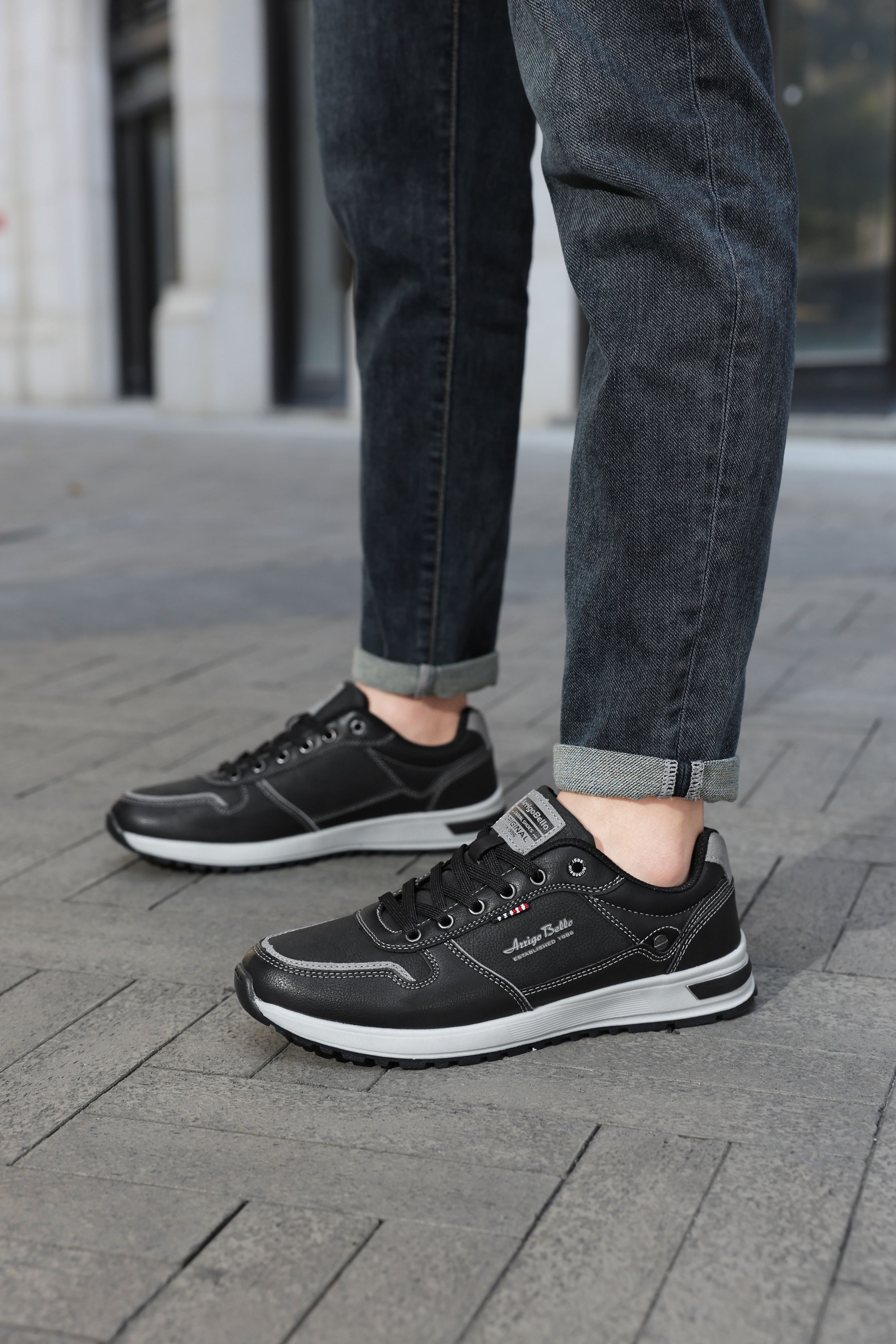 Adidasi casual pentru Barbati, Model Bastian, Piele ecologica, Inchidere sireturi, Arrigo Bello,Negru