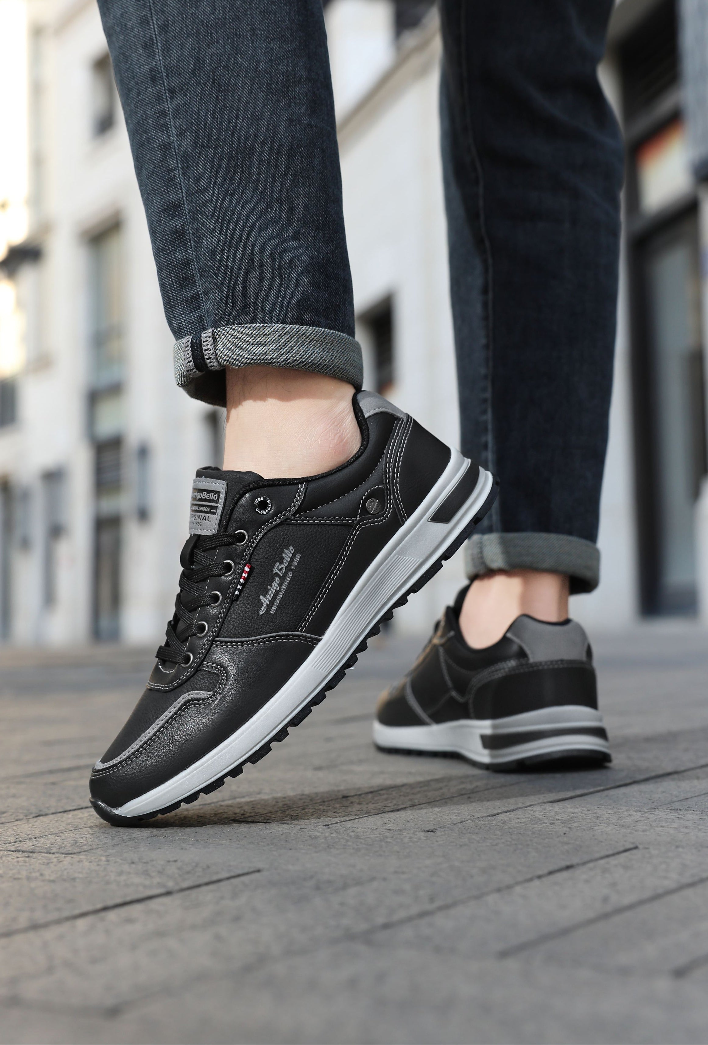 Adidasi casual pentru Barbati, Model Bastian, Piele ecologica, Inchidere sireturi, Arrigo Bello,Negru