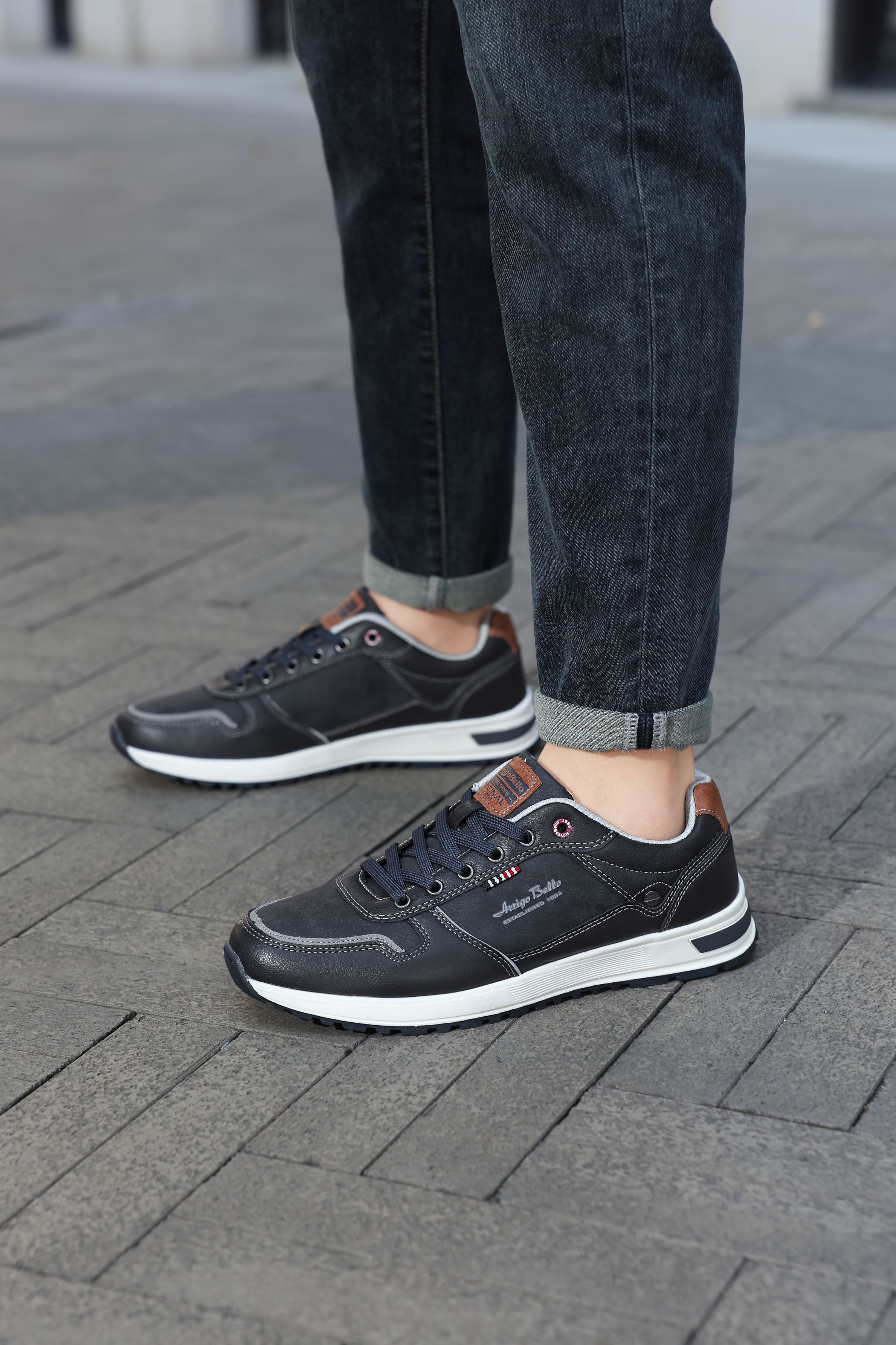 Adidasi casual pentru Barbati, Model Bastian, Piele ecologica, Inchidere sireturi, Arrigo Bello, Bleumarin