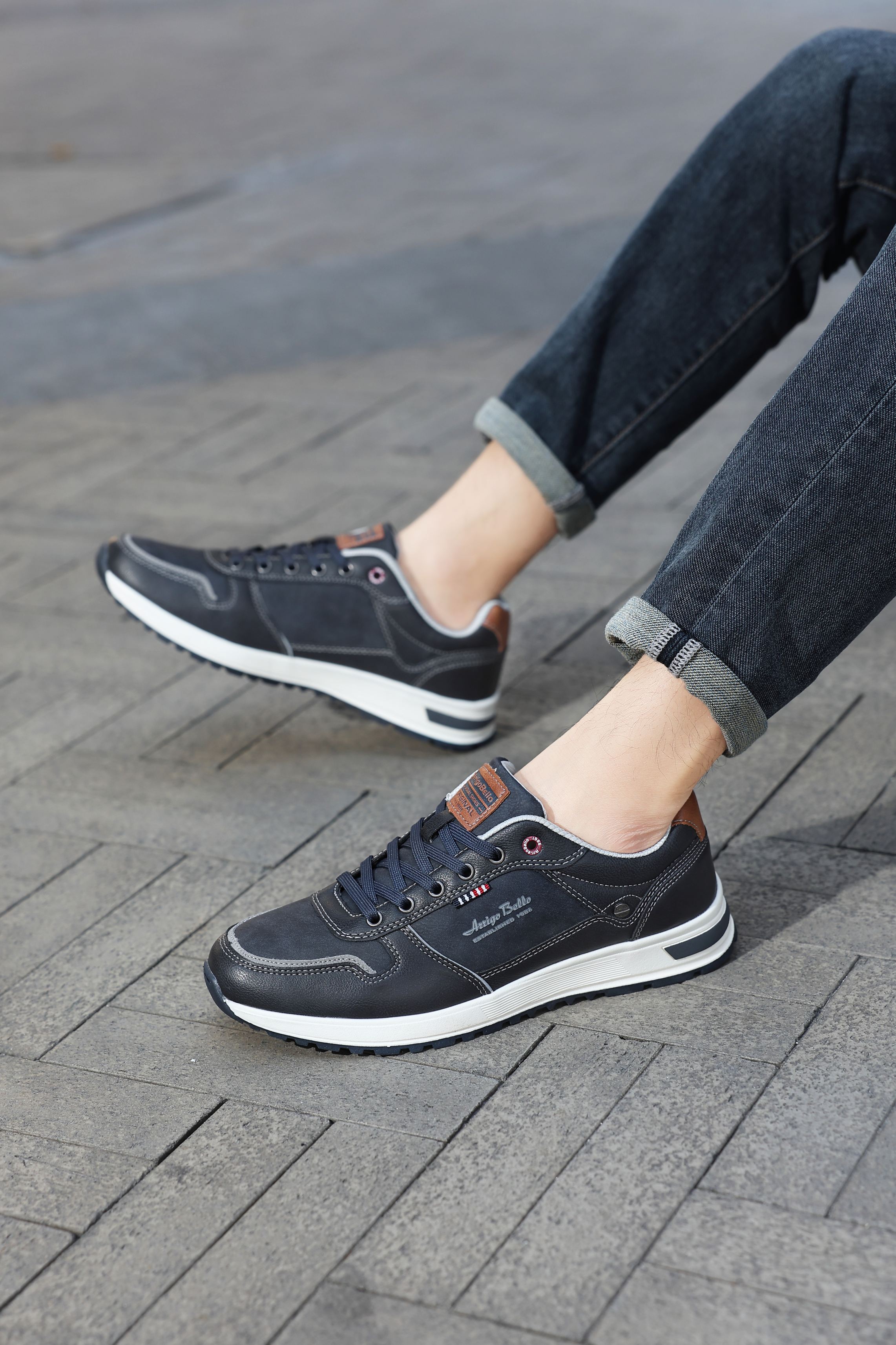 Adidasi casual pentru Barbati, Model Bastian, Piele ecologica, Inchidere sireturi, Arrigo Bello, Bleumarin