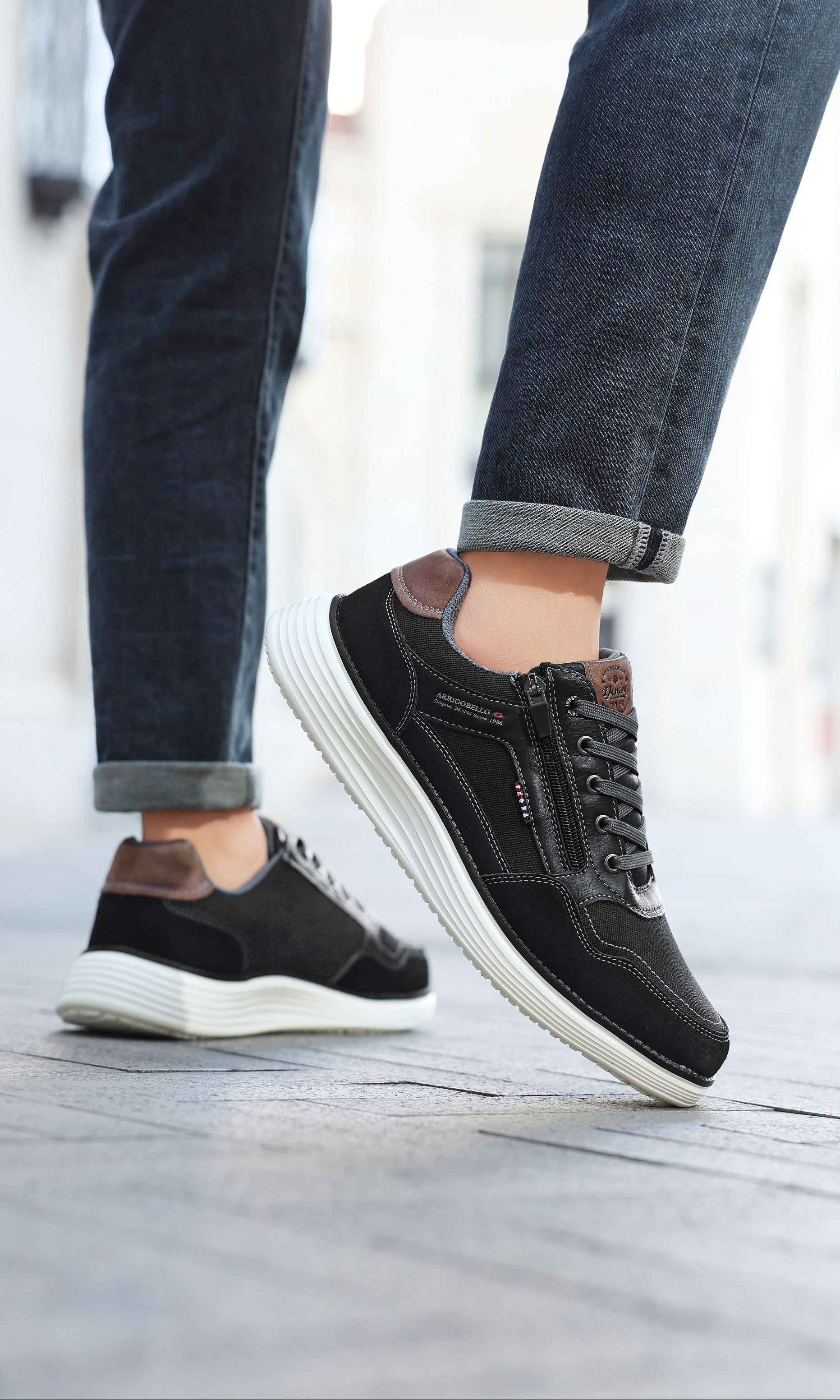 Adidasi casual Bărbați, Model Franco, Piele ecologică, inserții din Piele naturală, Talpă ușoară din Spumă și fermoar funcțional, Arrigo Bello,Negru