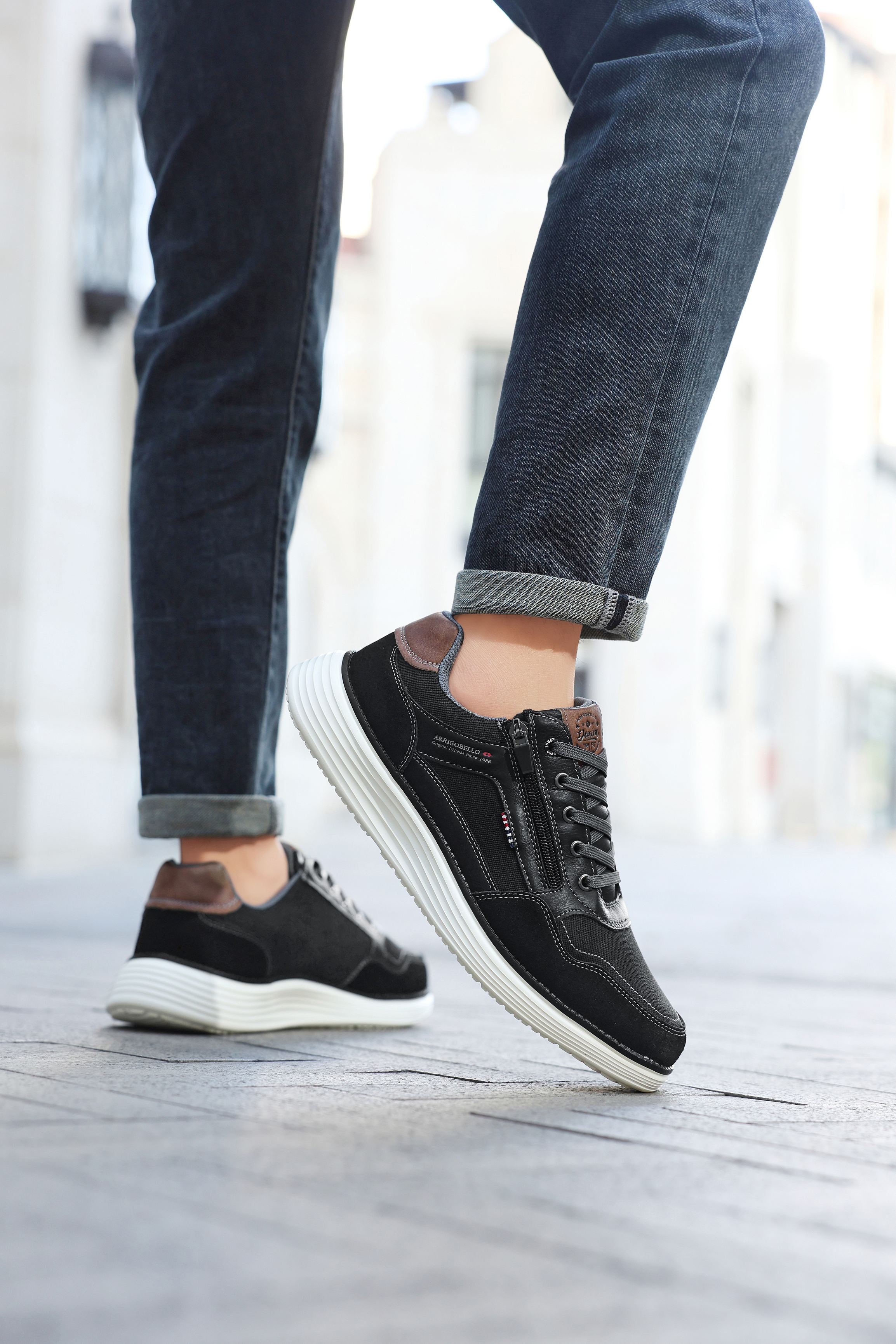 Adidasi casual Bărbați, Model Franco, Piele ecologică, inserții din Piele naturală, Talpă ușoară din Spumă și fermoar funcțional, Arrigo Bello,Negru