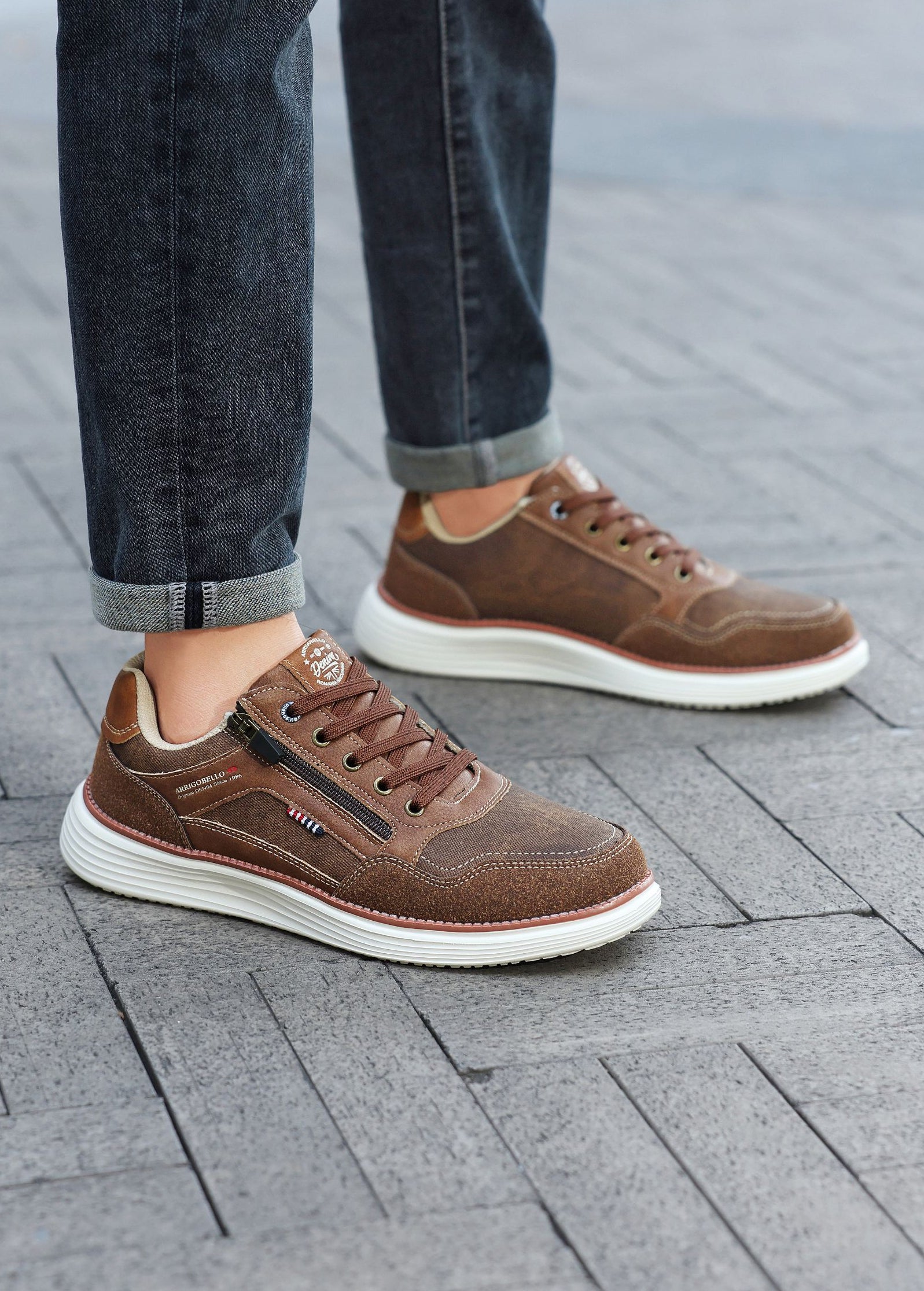 Adidasi casual Bărbați, Model Franco, Piele ecologică, inserții din Piele naturală, Talpă ușoară din Spumă, fermoar funcțional, Arrigo Bello,Maro