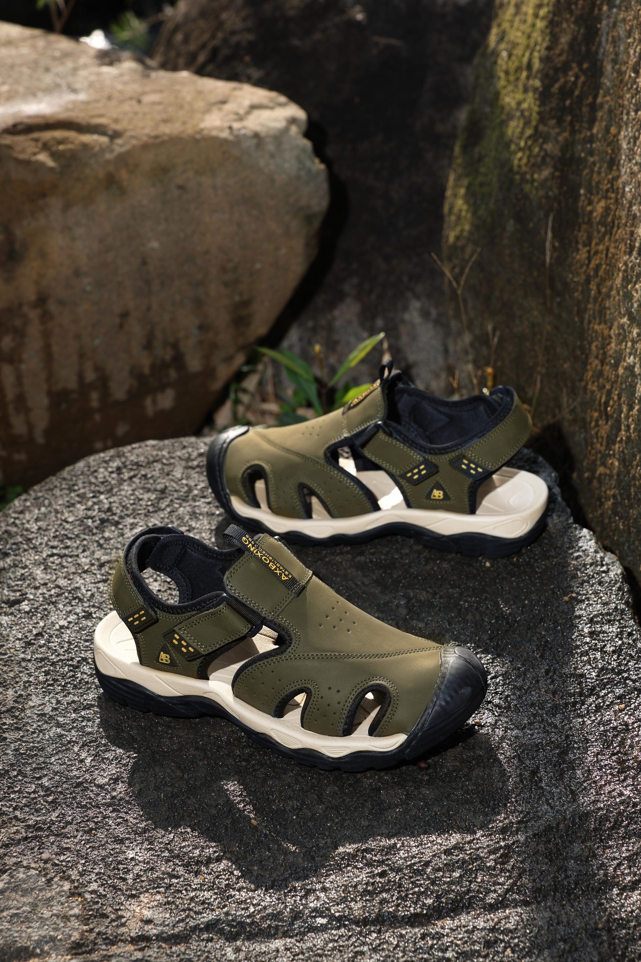 Sandale pentru Barbati,Model Oscar, Sport Casual, Piele ecologica Premium, Inchidere arici, Usoare, Confortabile, Ax Boxing,Khaki
