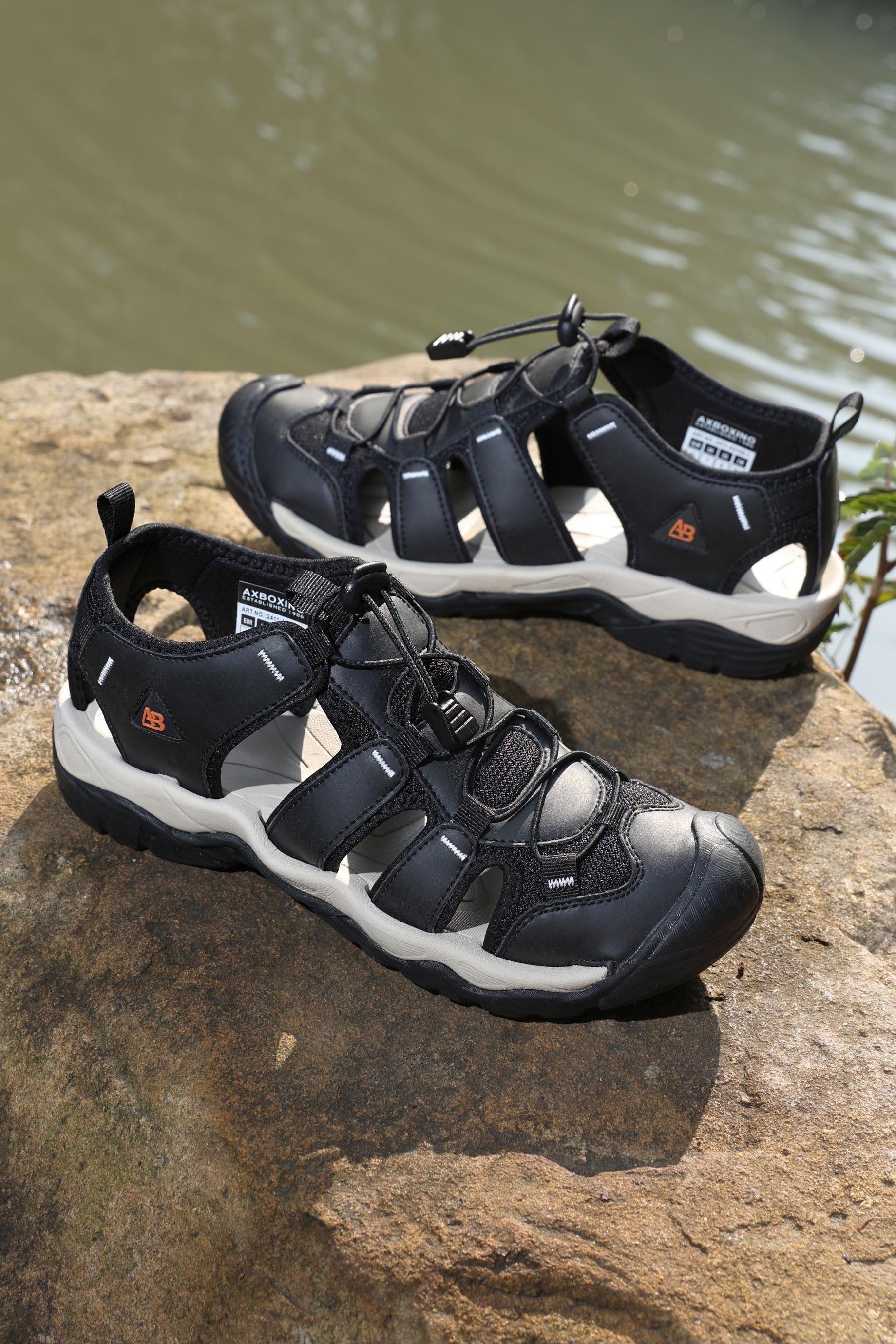 Sandale sport pentru Barbati, Model Robin, Inchidere siret elastic, Piele ecologica si Textil Premium, Ax Boxing, Negru