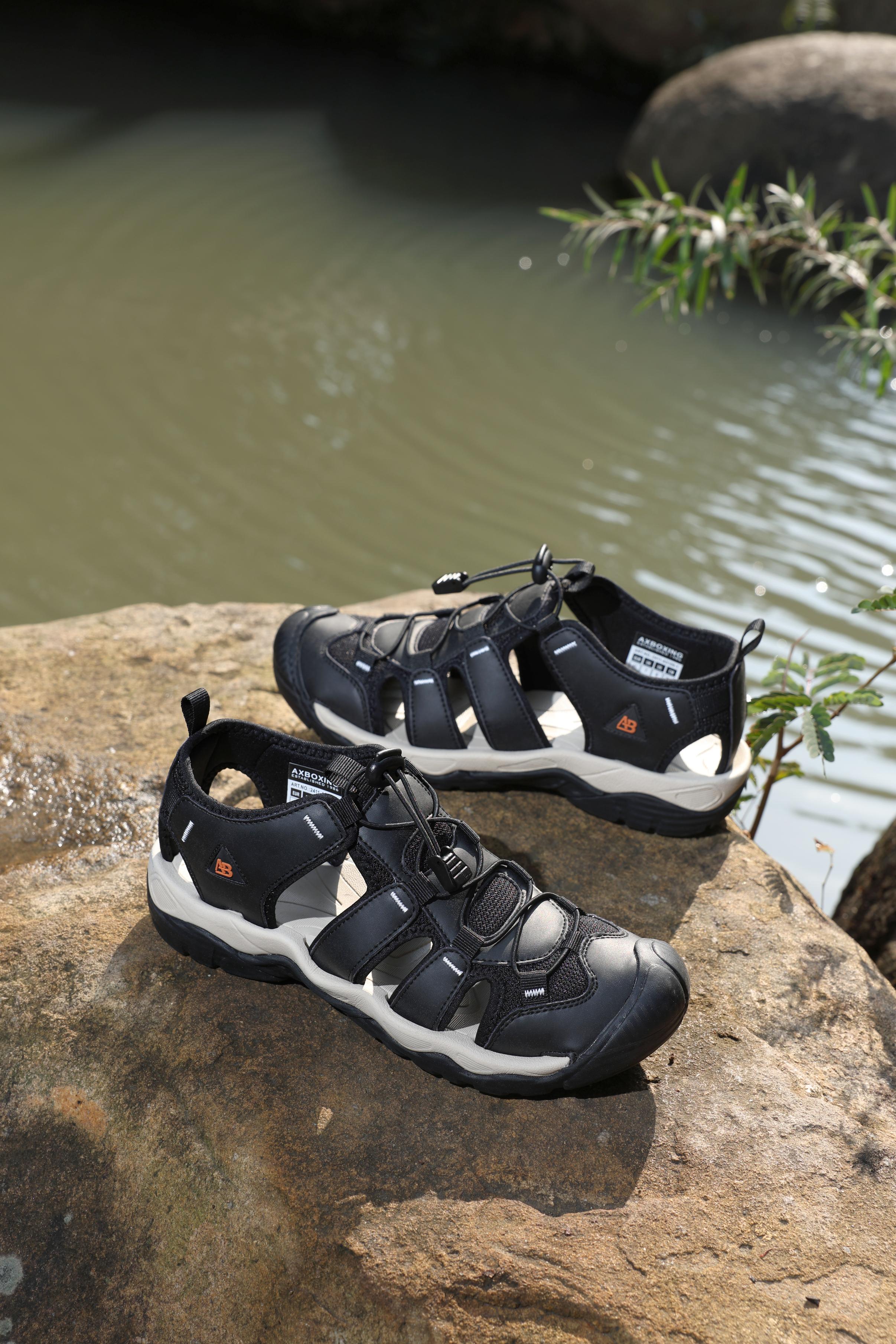 Sandale sport pentru Barbati, Model Robin, Inchidere siret elastic, Piele ecologica si Textil Premium, Ax Boxing, Negru