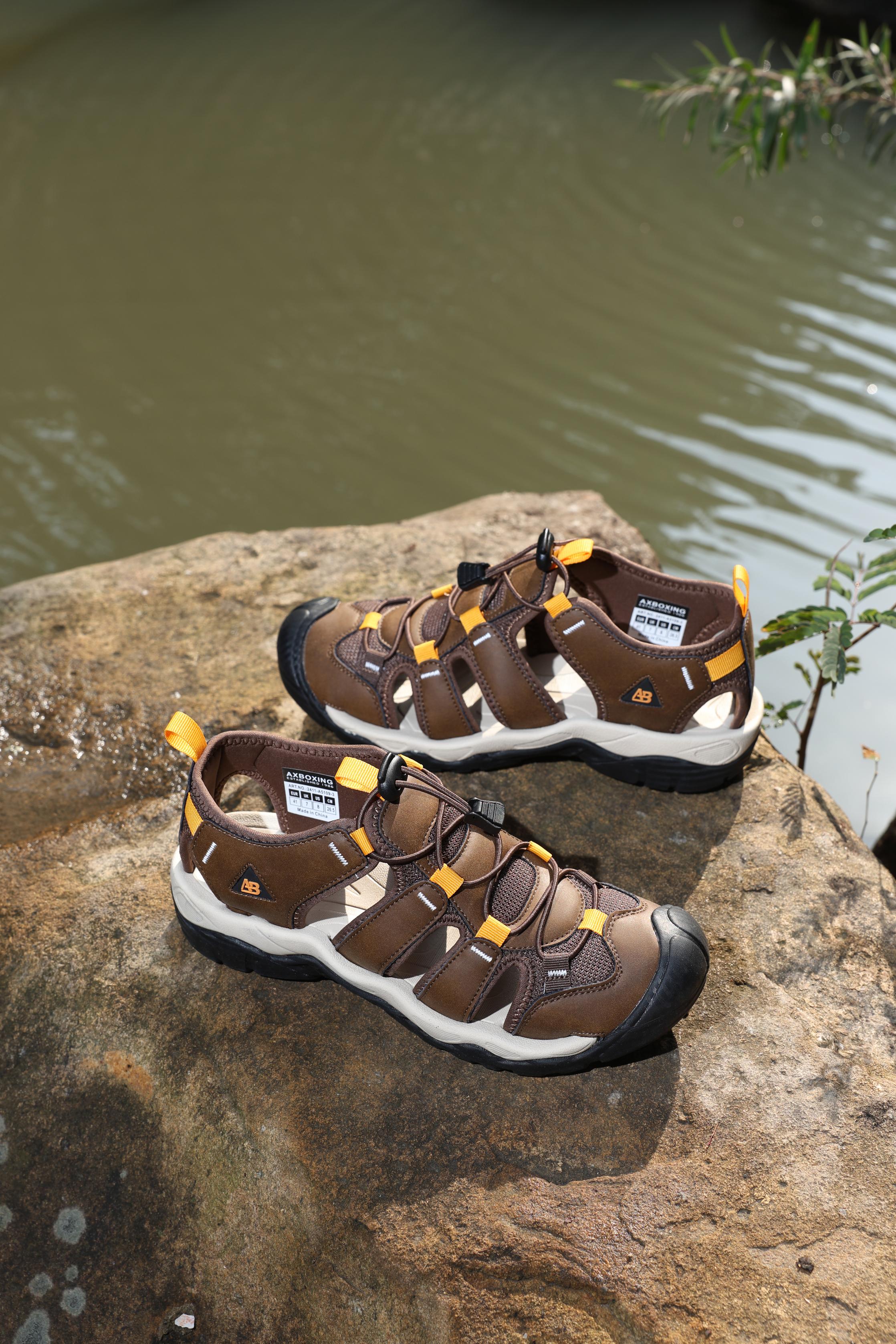 Sandale sport pentru Barbati, Model Robin, Inchidere siret elastic, Piele ecologica si Textil Premium, Ax Boxing, Maro