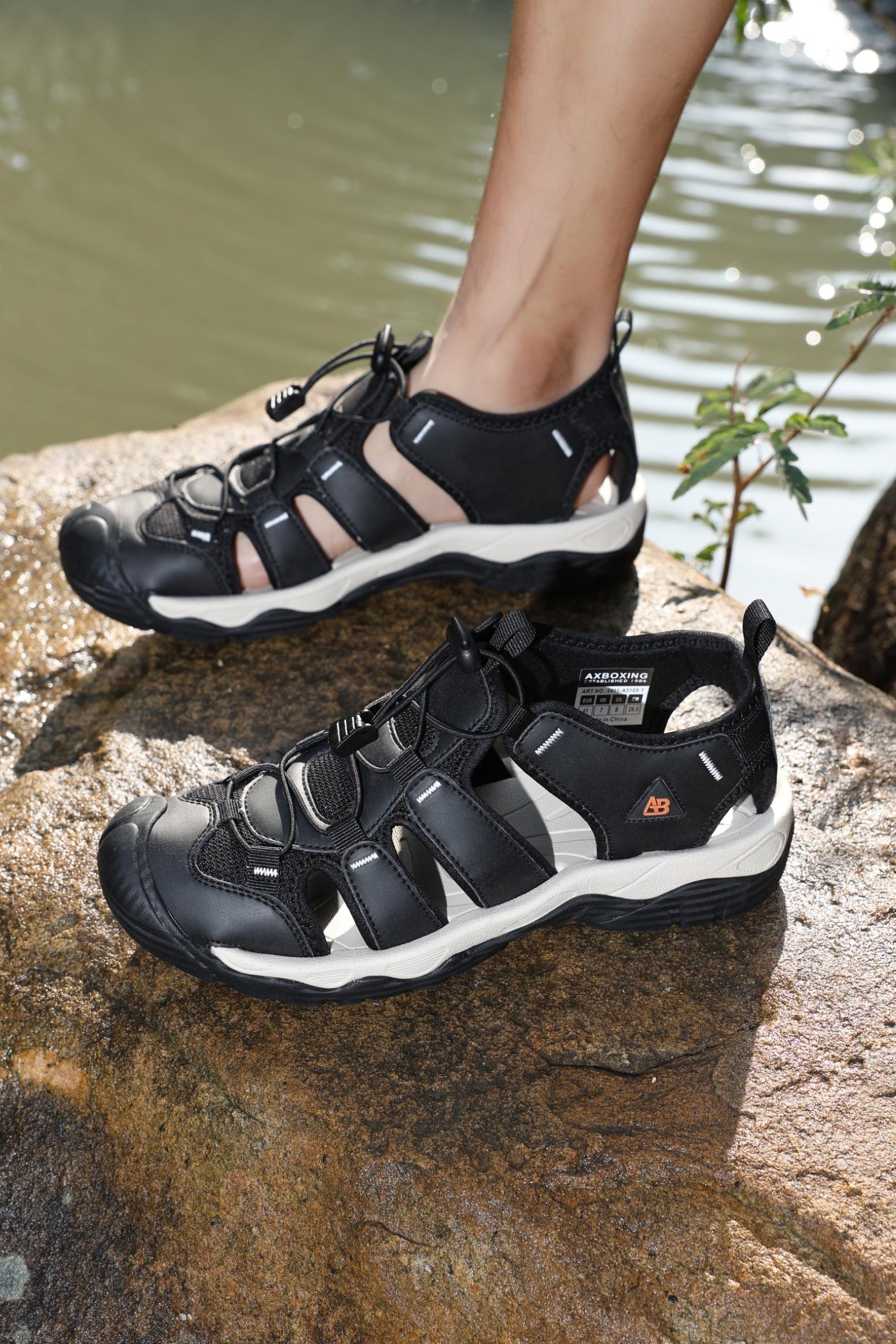 Sandale sport pentru Barbati, Model Robin, Inchidere siret elastic, Piele ecologica si Textil Premium, Ax Boxing, Negru