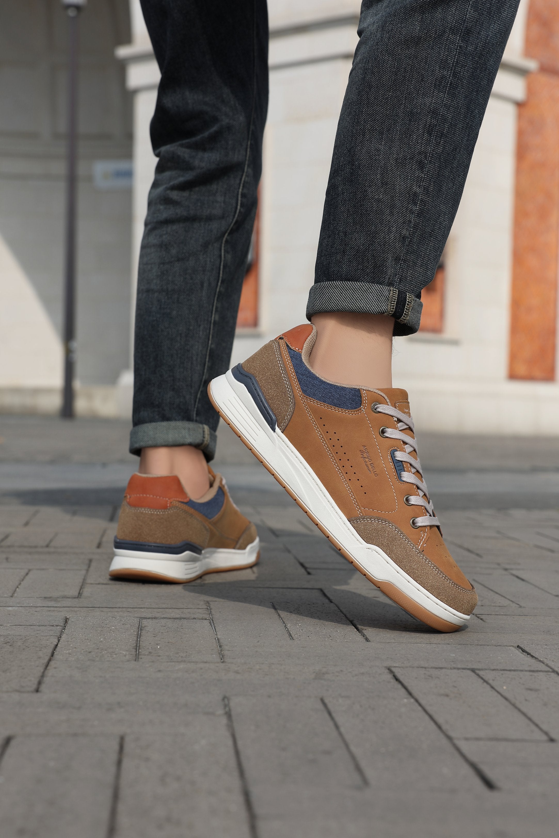 Adidasi Casual pentru Bărbați, Model Zane, din Piele Ecologică Premium, Inserții Piele Naturală, Arrigo Bello, Maro