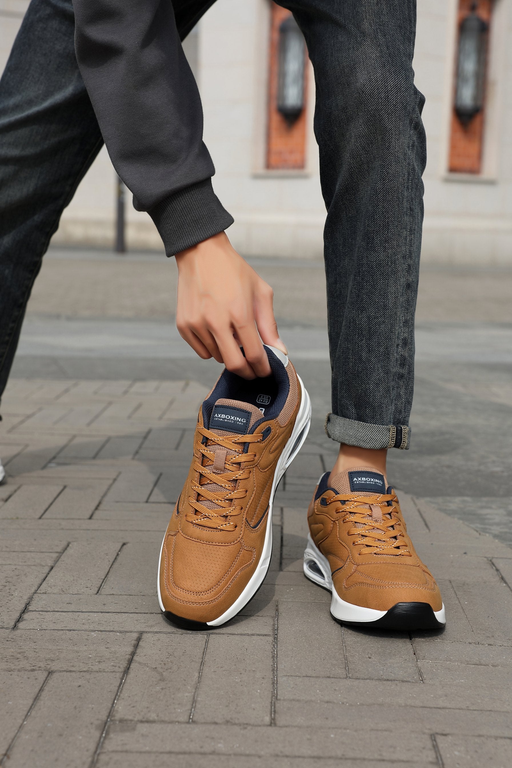 Adidasi sport-casual pentru Barbati, Model Marcus,Piele ecologica Premium, Talpa inalta, Confortabili, Ax Boxing,Maro