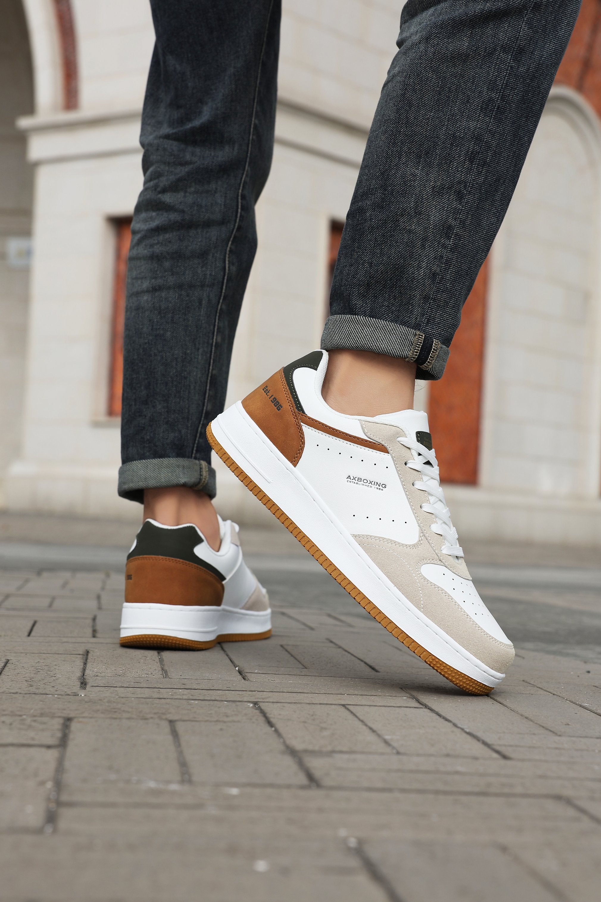 Adidasi Casual pentru Bărbați, Model Gavin, Piele Ecologică Premium, Talpă Groasă Cusută, AX Boxing, Alb-bej