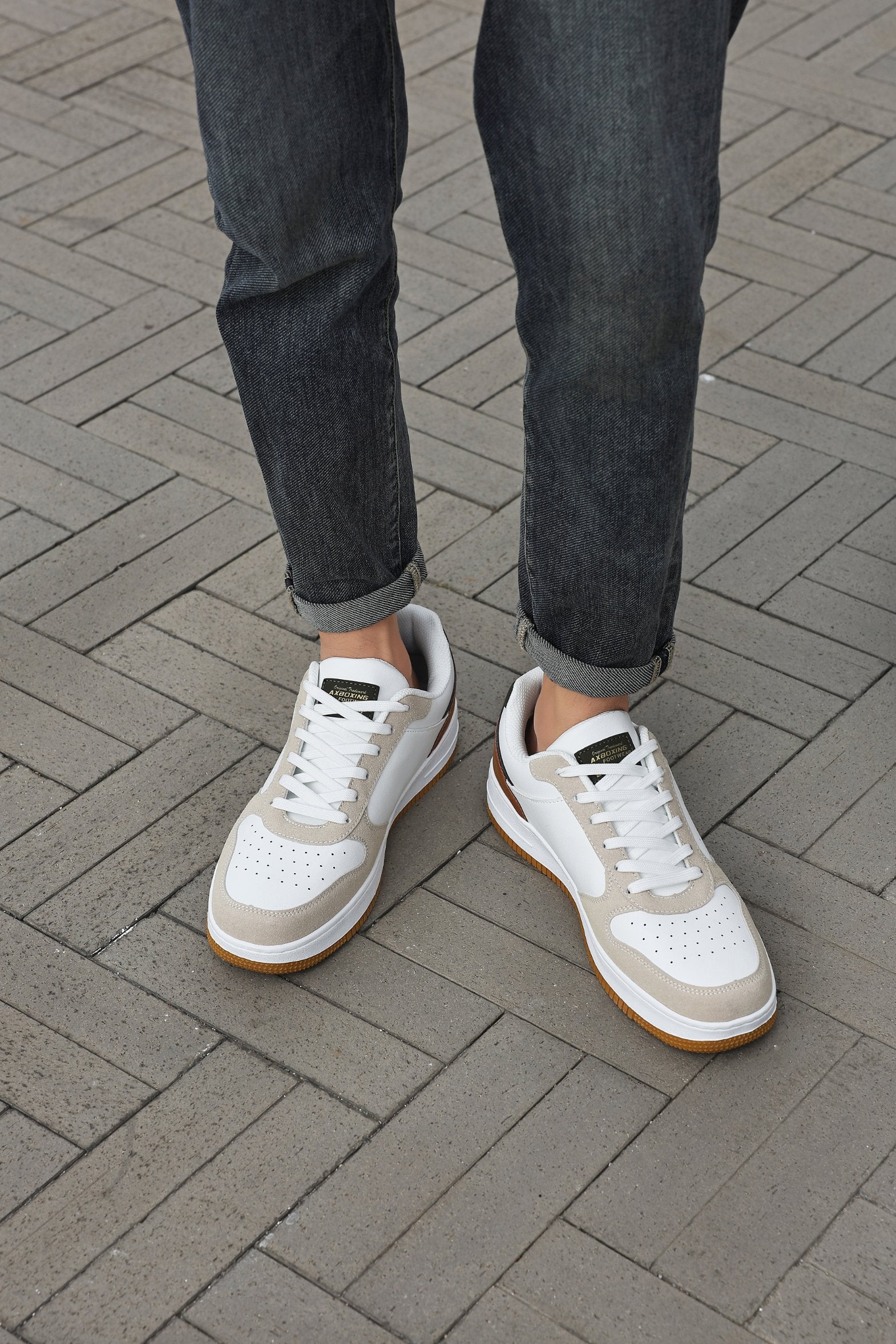 Adidasi Casual pentru Bărbați, Model Gavin, Piele Ecologică Premium, Talpă Groasă Cusută, AX Boxing, Alb-bej