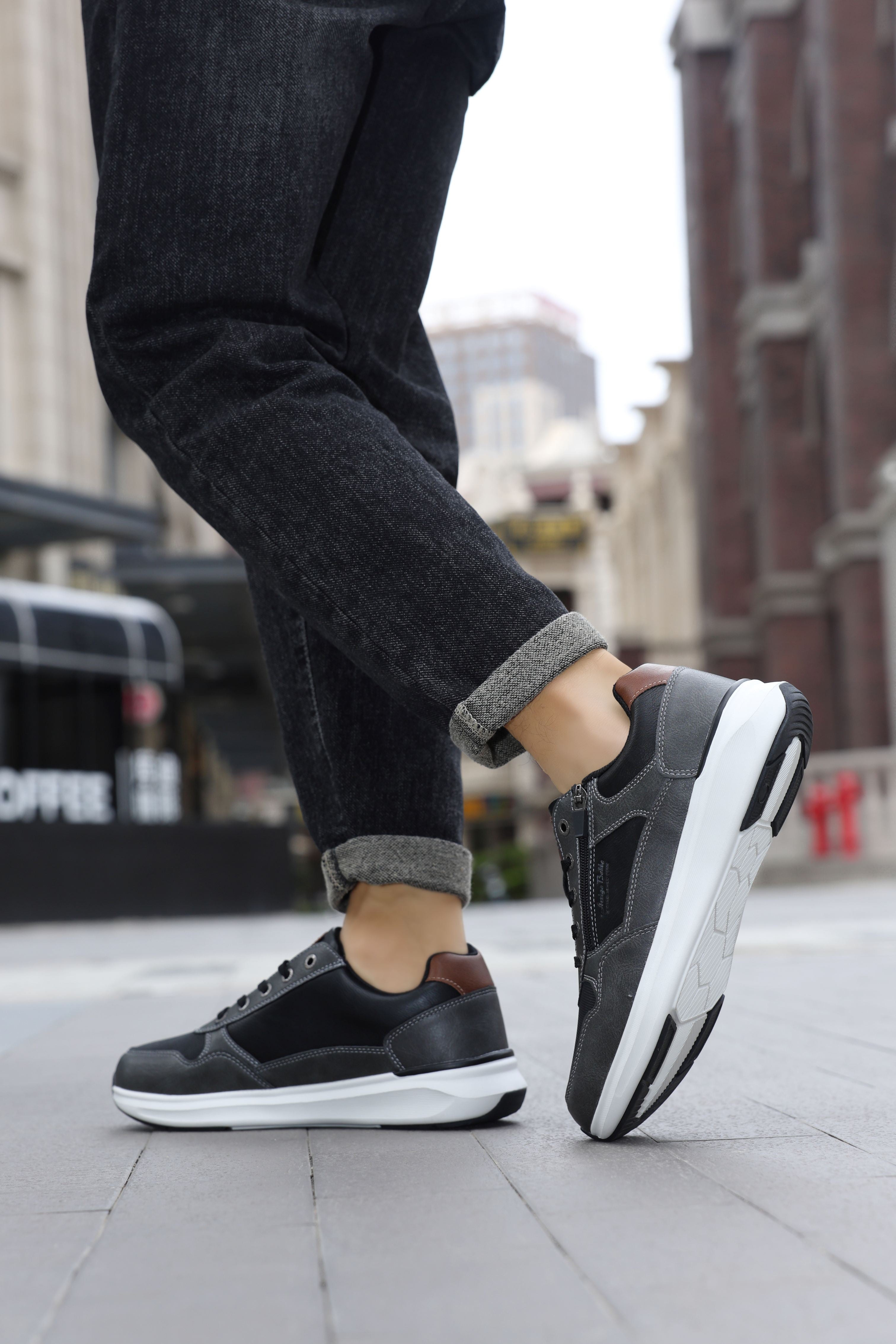 Adidasi casual-sport pentru Barbati, Model Soren, Talpa usoara de spuma, Piele ecologica, Fermoar functional, Arrigo Bello, Gri