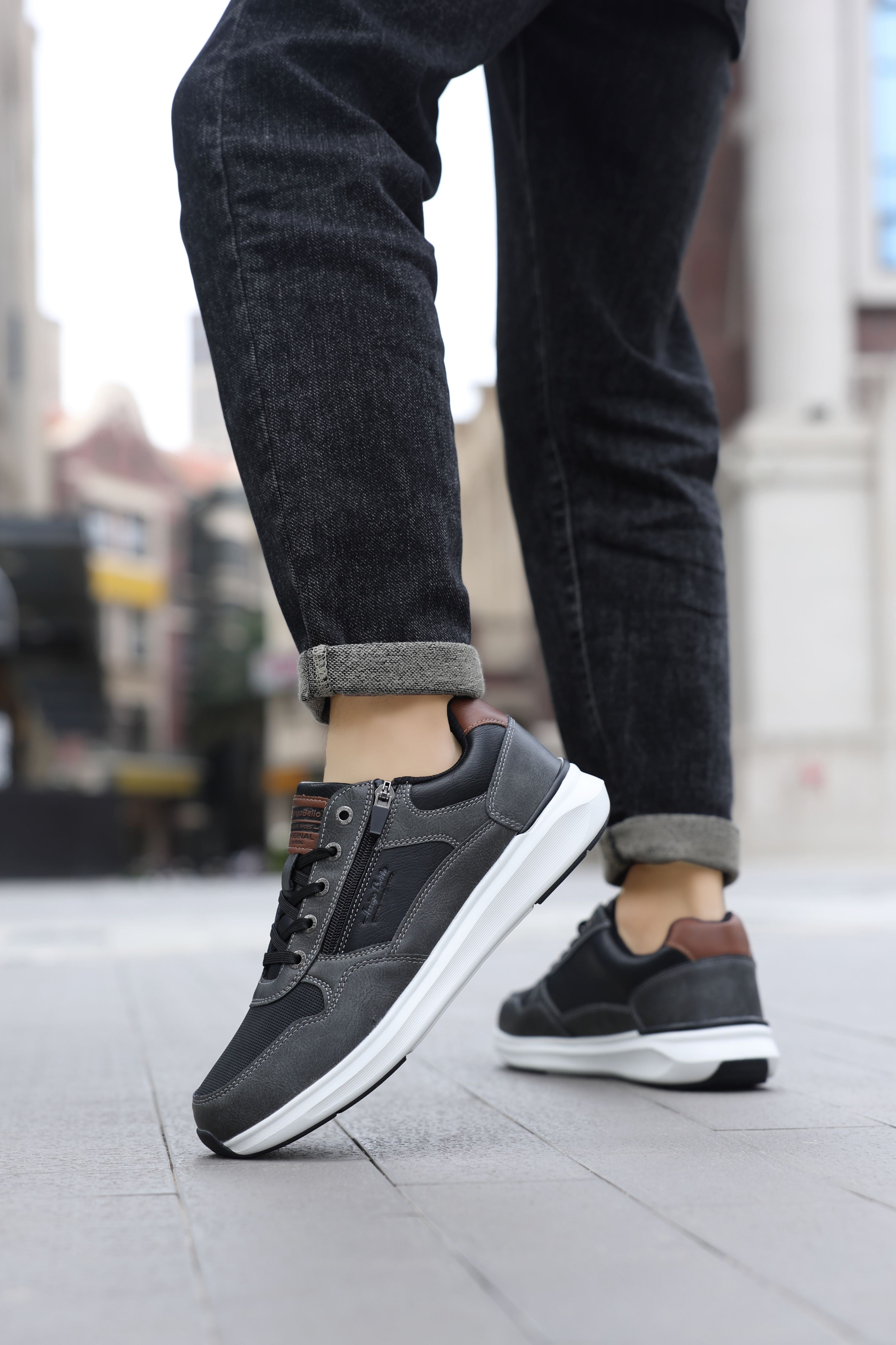 Adidasi casual-sport pentru Barbati, Model Soren, Talpa usoara de spuma, Piele ecologica, Fermoar functional, Arrigo Bello, Gri