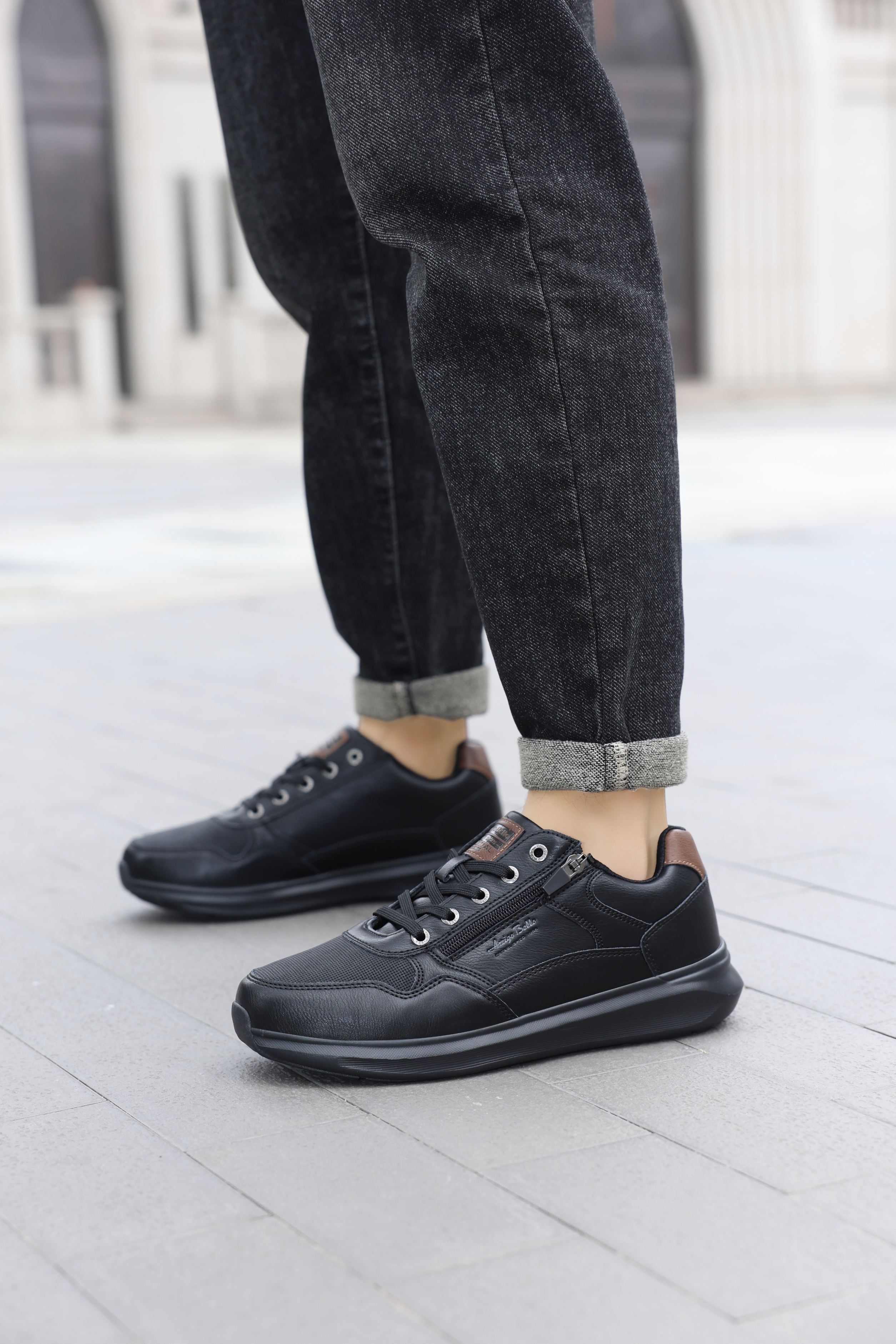 Adidasi casual-sport pentru Barbati, Model Soren, Talpa usoara de spuma, Piele ecologica, Fermoar functional, Arrigo Bello, Negru
