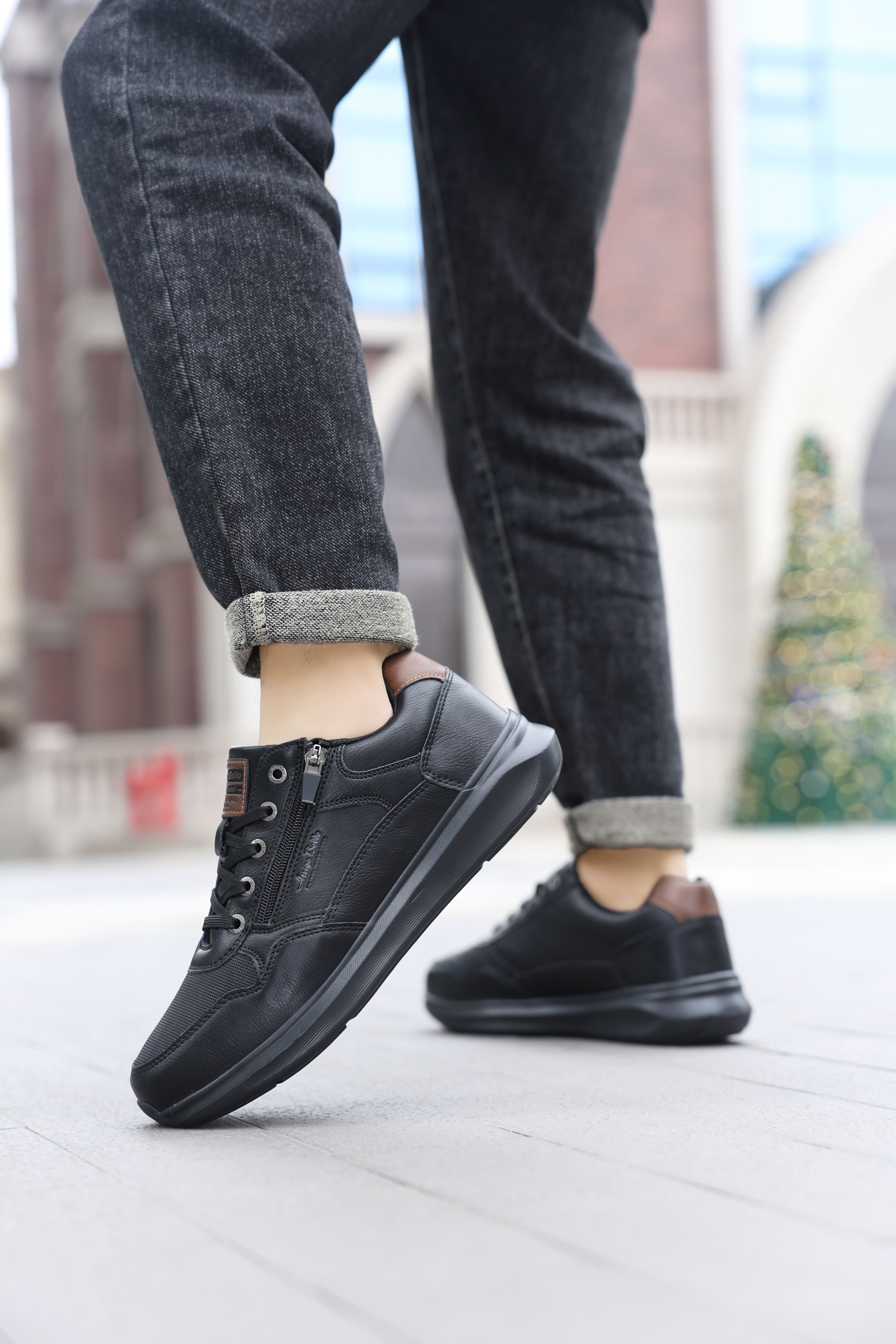 Adidasi casual-sport pentru Barbati, Model Soren, Talpa usoara de spuma, Piele ecologica, Fermoar functional, Arrigo Bello, Negru