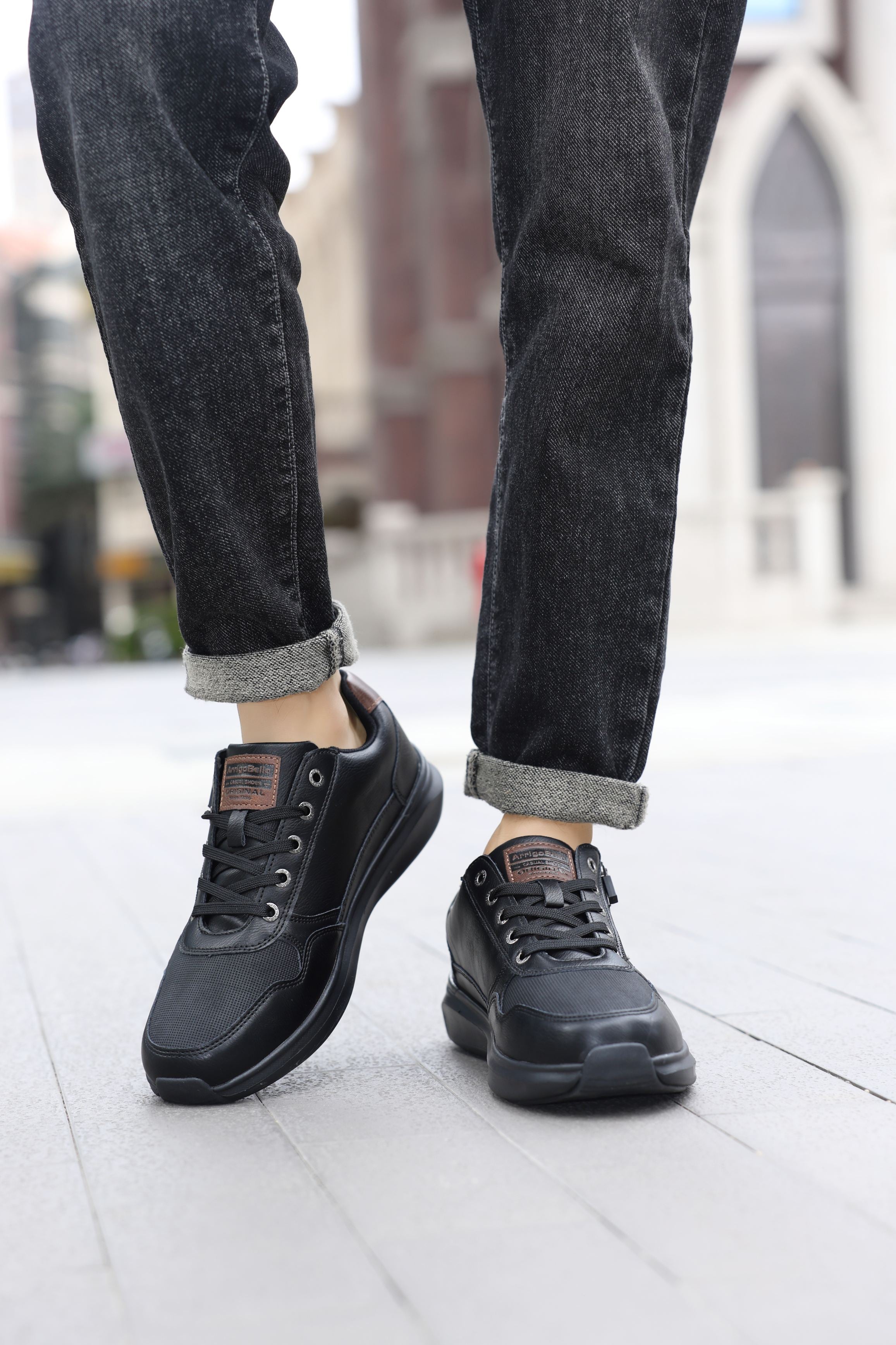 Adidasi casual-sport pentru Barbati, Model Soren, Talpa usoara de spuma, Piele ecologica, Fermoar functional, Arrigo Bello, Negru
