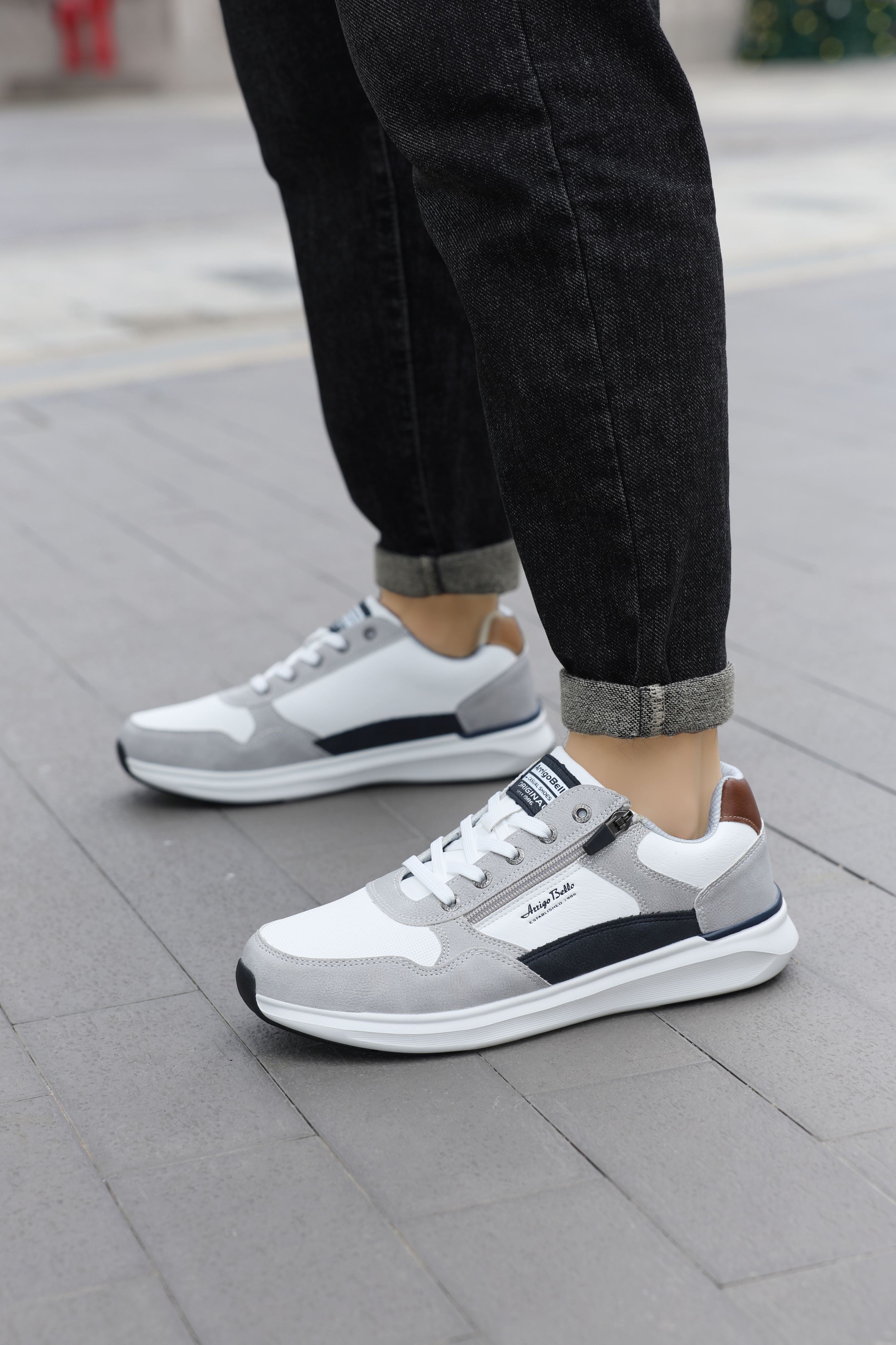 Adidasi casual-sport pentru Barbati, Model Soren, Talpa usoara de spuma, Piele ecologica, Fermoar functional, Arrigo Bello, Alb